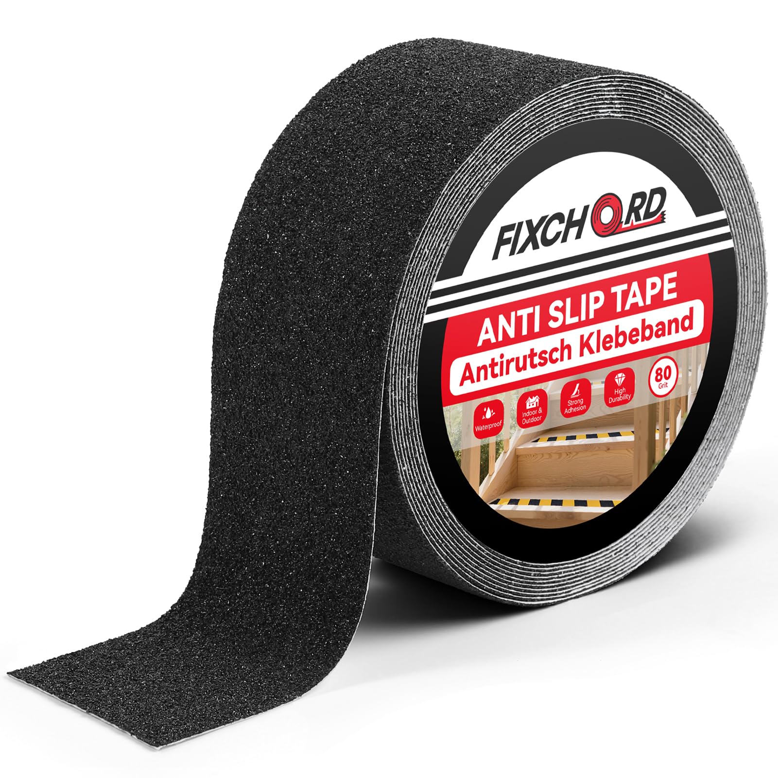 FIXCHORD Antirutsch Klebeband für Stufen, 5mx50mm Schwerlastiges Antirutsch Streifen für Innen & Außen, antirutsch klebeband streifen, Wasserdicht, Hohe Griffigkeit, 80-Körnung, Schwarz