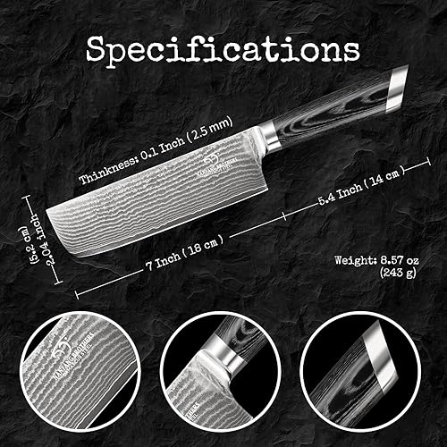Miniatura 3 de Cuchillo Damascus Nakiri, cuchillo de cocina profesional de 7 pulgadas con mango ergonómico de madera antideslizante, cuchillo de chef multiusos,