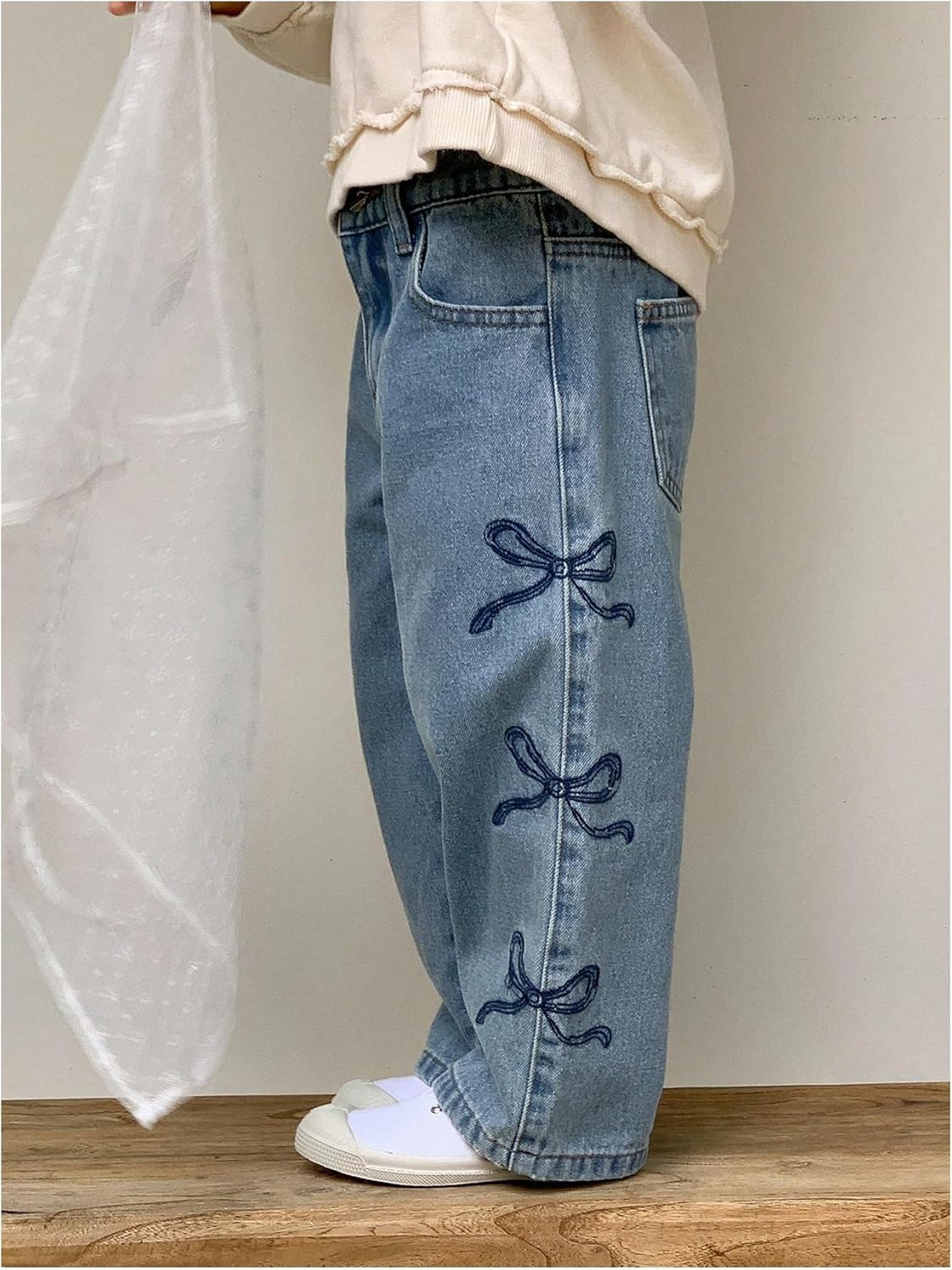 WDIRARA Toddler Girl's Bow Jeans Elastic Waist Straight Leg Denim Pants - Image 3