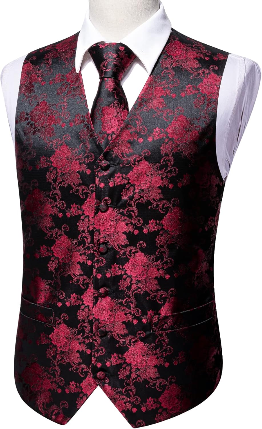 Barry.Wang Mens Vest Tie Set Floral Jacquard Waistcoat Necktie Cuffllinks Sleeve Holder Set Formal Wedding Party 6PCS