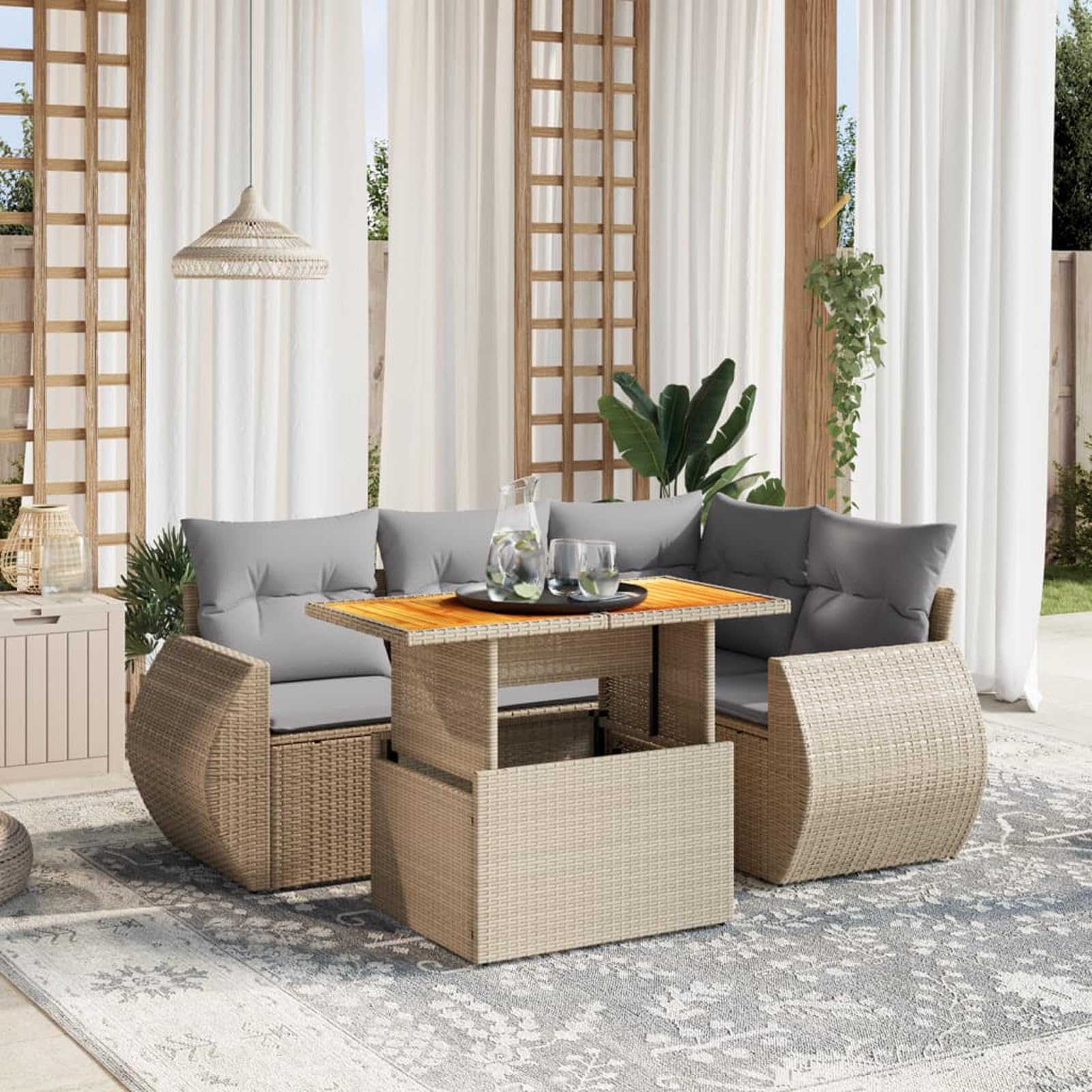 Lechnical Set Divano da Giardino 5 pz con Cuscini Beige in Polyrattan,Set di Conversazione per Patio,Set Salotto da Esterno,Set Divano da Giardino Esterno-3272179