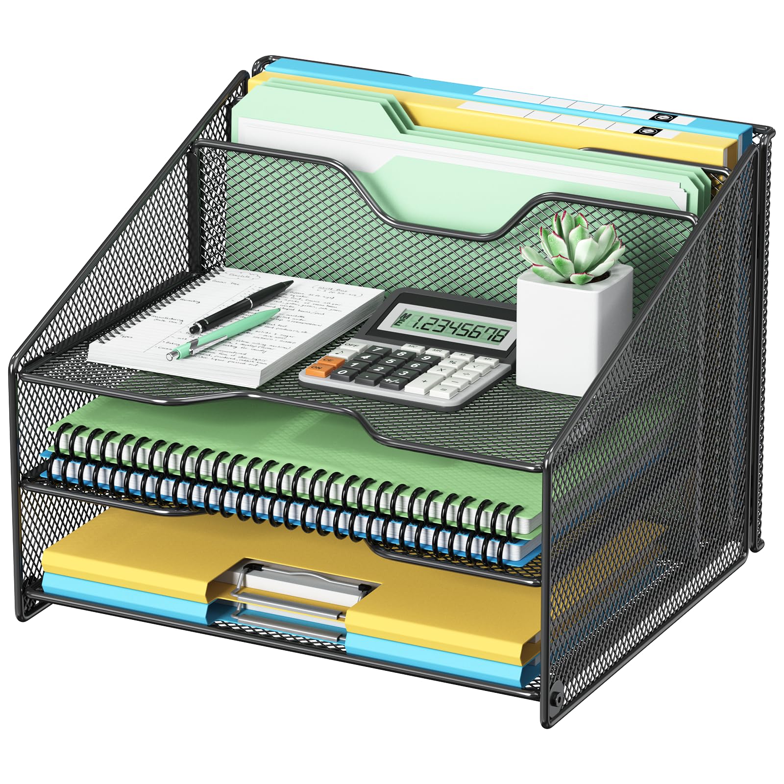 OUTWOLF Schreibtisch Organizer mit Aktenhalter, 3-stufiger Papier Organizer+ 2 Vertikalen Fächern, Mesh Metall Schreibtisch Akten Organizer für A4-Aktenordner, Papier, Buch, Bürobedarf, Glanzschwarz