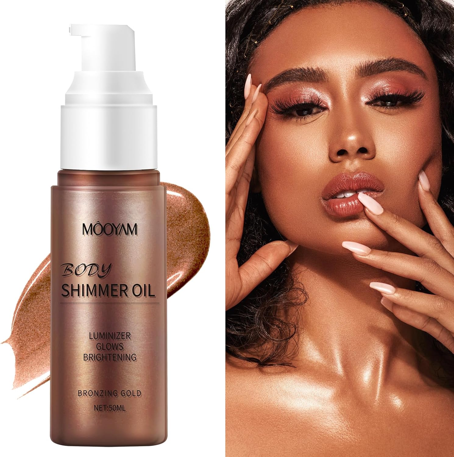 Body Shimmer Oil, Waterproof Long Lasting Moisturizing Bronze Body Luminizer Glow For Face & Body, Liquid Illuminator Body Highlighter (Bronzing gold, 50ml)