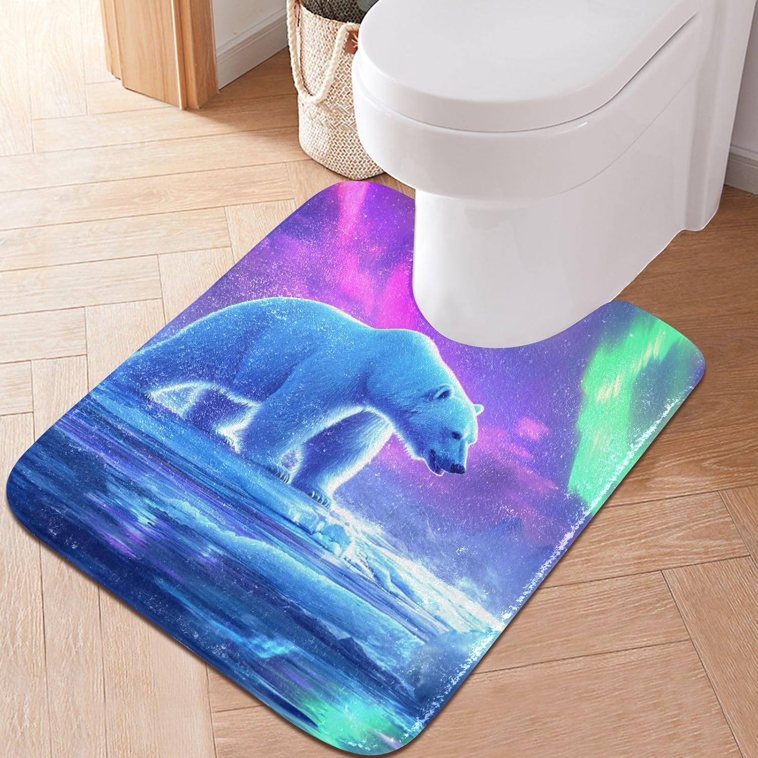 Bathroom Rug Northern Light Polar Bear Print Plush Absorbent Bath Mats with Anti Slip Bottom for Floor Toilet Tub and Shower-Set of 2