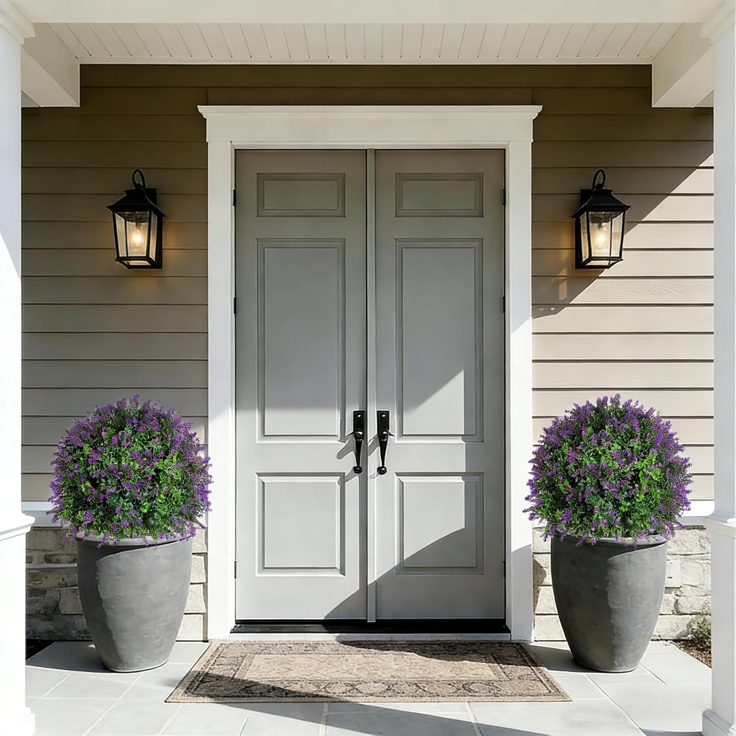 2 Pack Artificial Lavender Topiary Ball Trees, Faux Lavender Shrub Bushes with Ground Spike, UV Resistant Fake Plants for Indoor, Garden, Yard, Porch, Patio Decor (2, Purple)