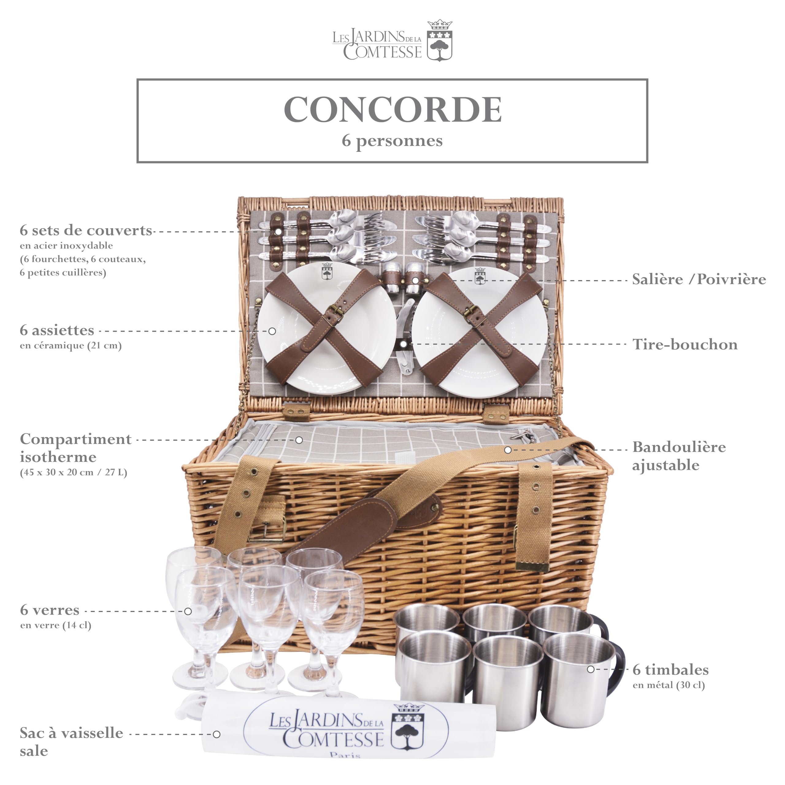 Les Jardins de la Comtesse - Panier Pique-Nique Concorde en Osier - 6 Personnes/Glacière Isotherme/Assiettes/Verres à Vin/Timbales en Aluminium - Tissu Couleur Blanc et Gris - 50 x 35 x 26 cm