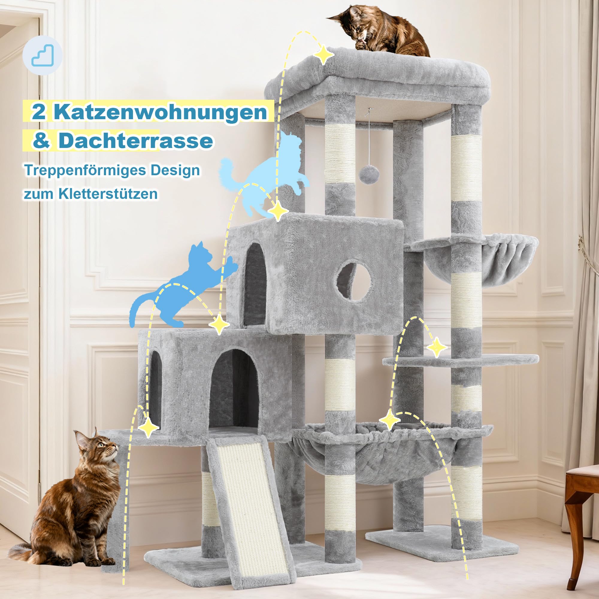 Hey-brother Kratzbaum, Katzenbaum mit Grosse Plattformen für Großkatze, 127 cm hoch, Treppenstruktur, Katzenkratzbaum mit 2 höhlen, geräumiger Hängematte, Sisalkratzbrett und Korb, Hellgrau MPJ071W