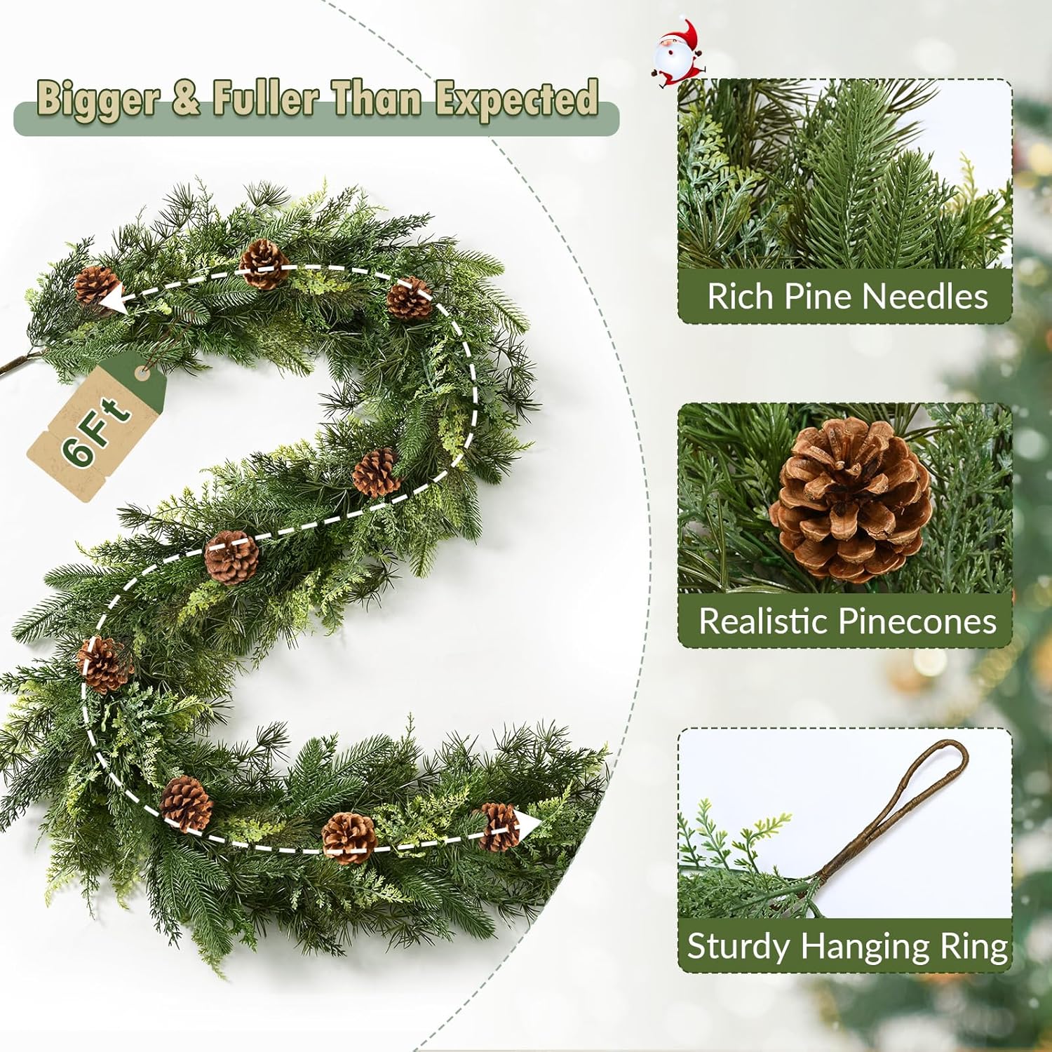 Waipfaru 6FT Christmas Garland with Lights, Realistic Cedar Garland with Pinecone Real Touch Norfolk Pine Garlands, Prelit Lighted Cypress Garlands for Mantle Table Stairs Winter Indoor Outdoor Decor - Image 4