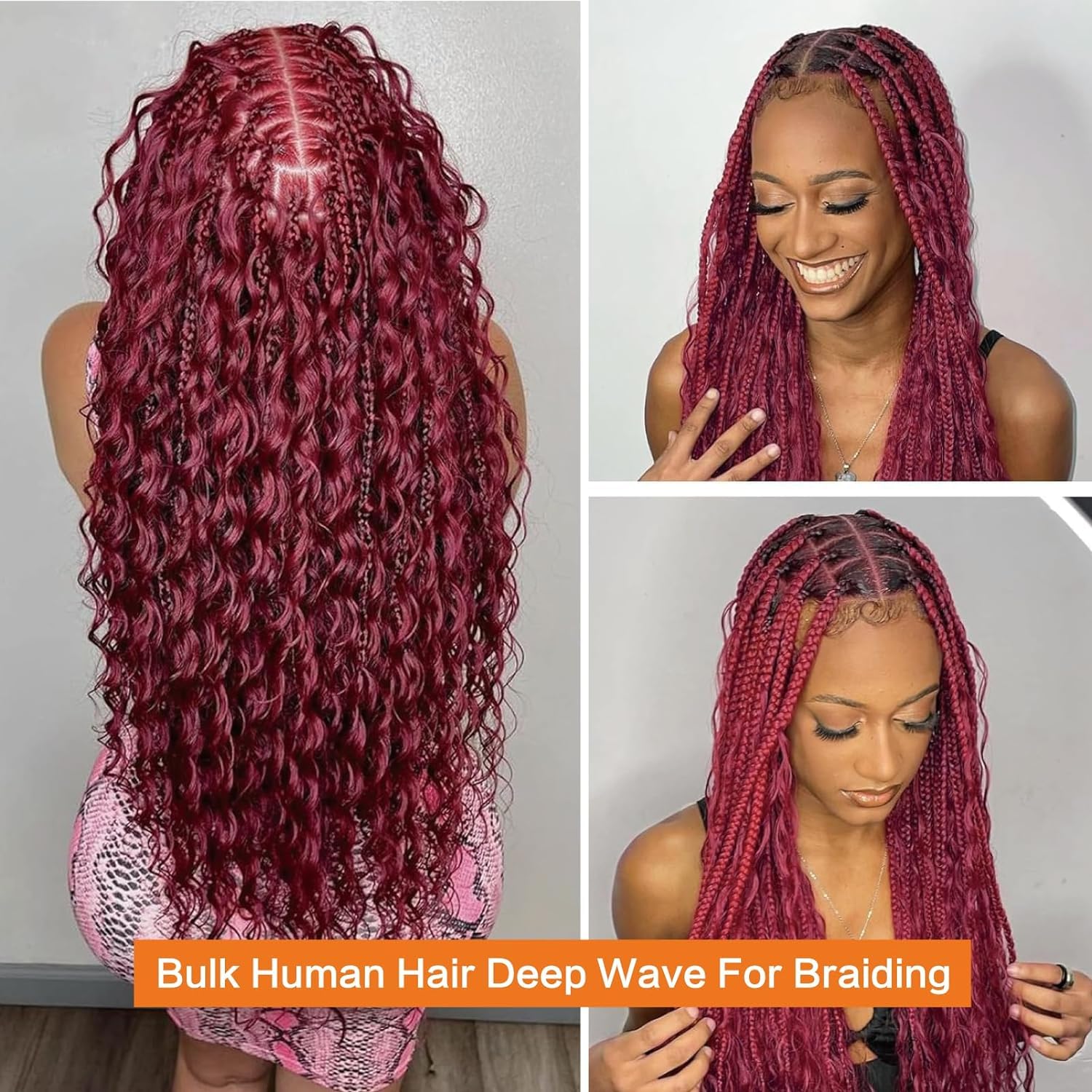 Burgundy 99J Deep Water Wave Bulk Human Braiding Hair 100g(2 Bundles Per 50g) 22 Inch Braiding Hair No Weft Brazilian Virgin Deep Curly Human Hair Extensions for Boho Braids