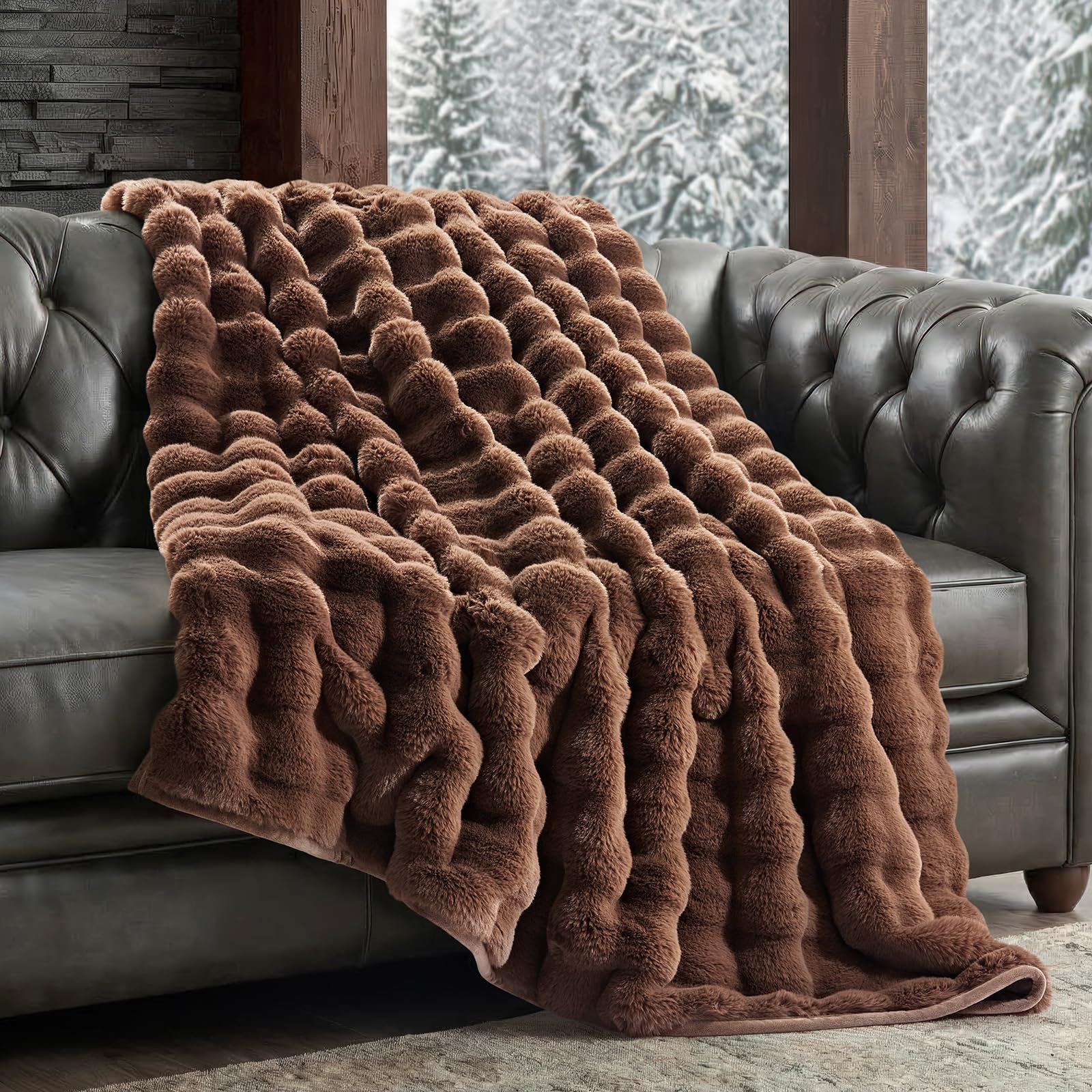 Photo 1 of EverGrace Ultra Soft Luxury Fluffy Faux Rabbit Fur Throw Blanket, Thick Warm Bubble Throw for Bed, Cozy Plush Reversible Blankets for Couch, Chair, Sofa, Chestnut, 60x80 Inches