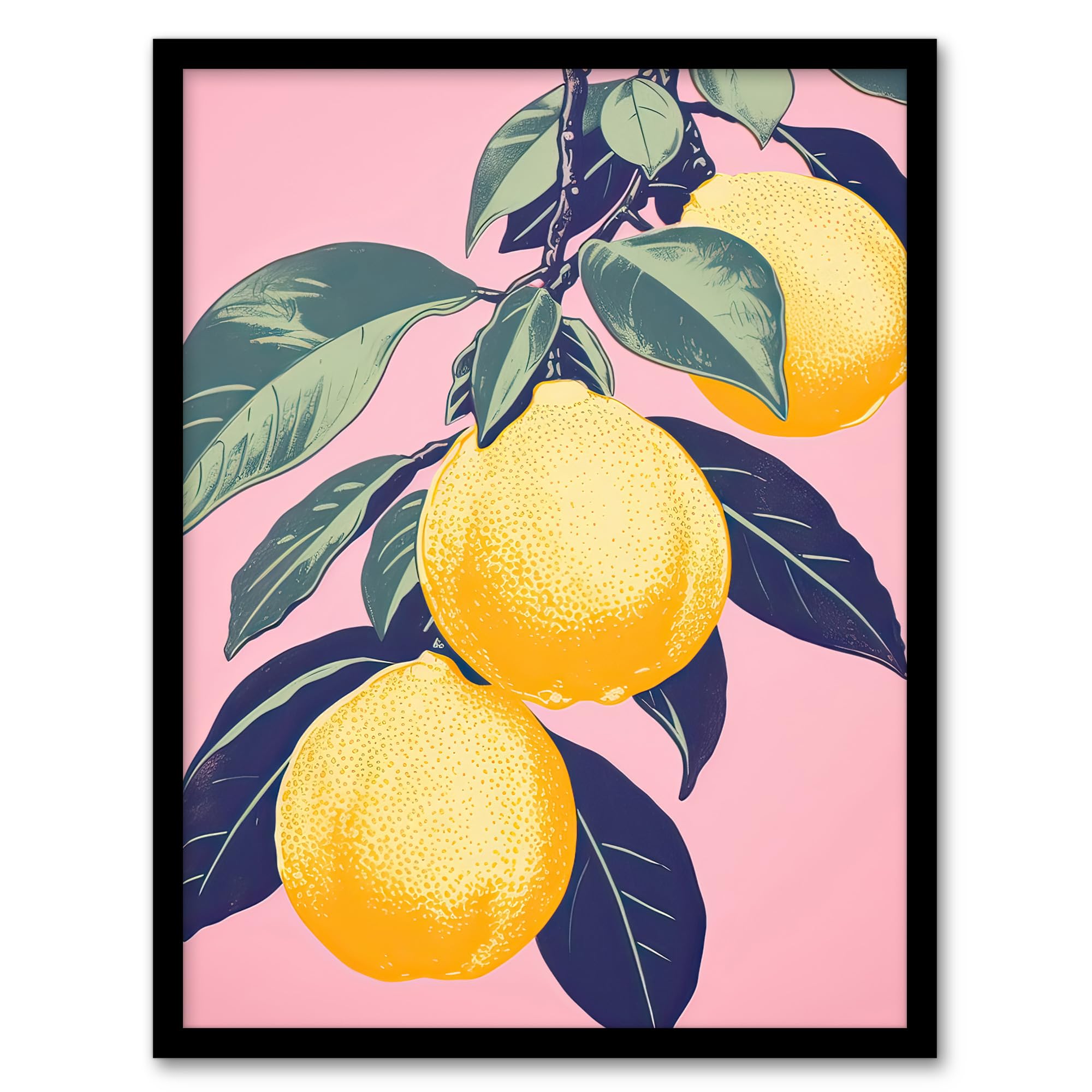 Artery8 Lemon Tree Branch Pastel Colour Wall Art Print - Mauve Pink Green - Framed A4