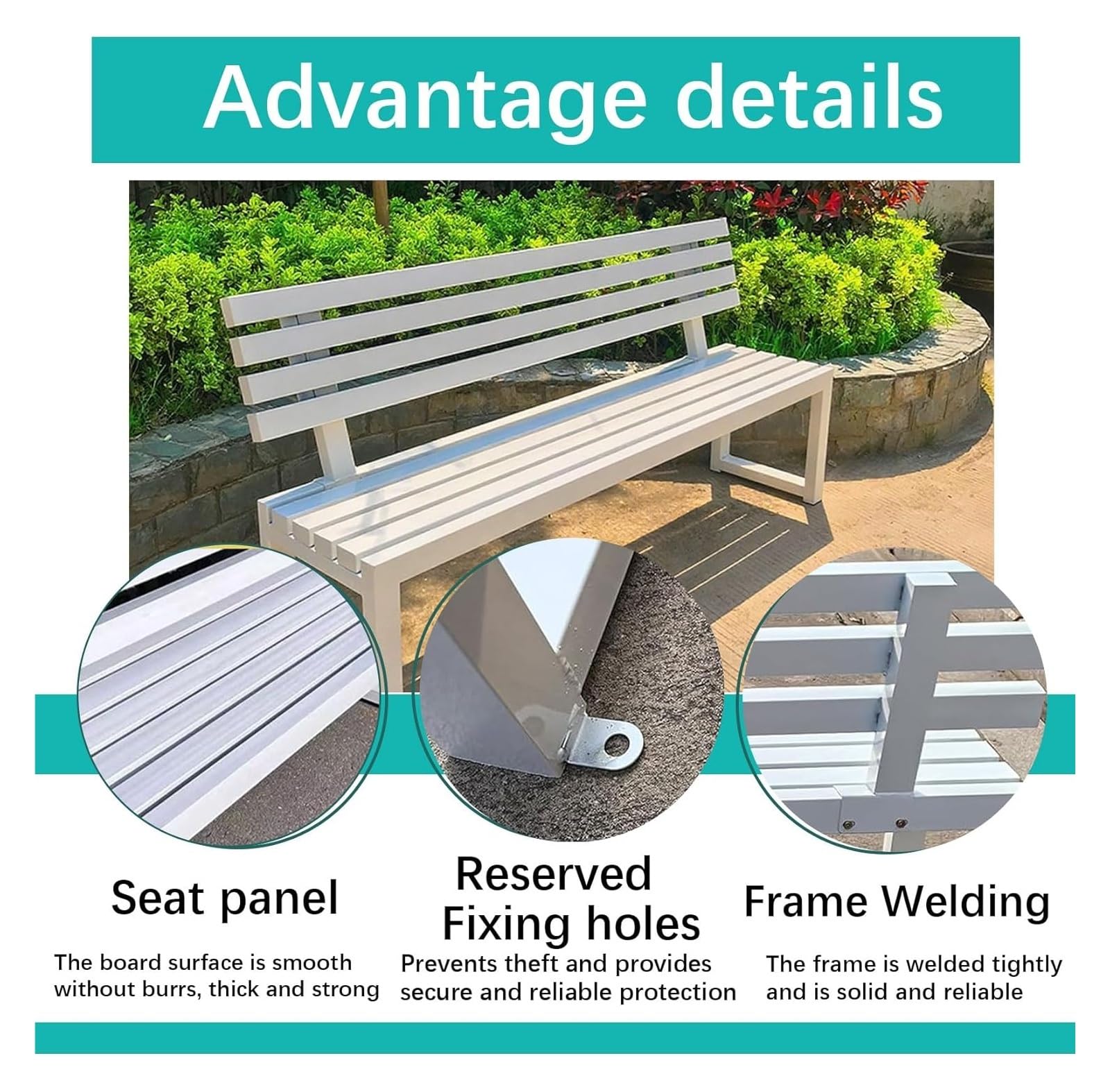 Banco de jardín cómodo, asiento de porche de ocio, banco de parque de metal resistente, acero resistente, resistente a la intemperie y perfecto para uso en exteriores, para patio, parque