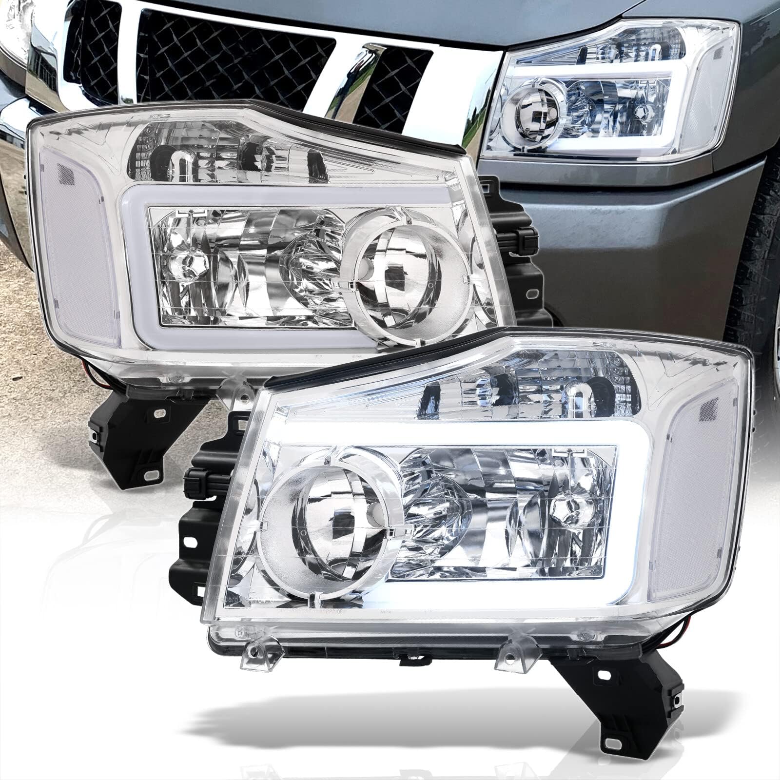AJP Distributors LED DRL Tube Bar Driving Head Lights Lamps Assembly Housing Left+Right Pair Compatible/Replacement For Nissan Armada Titan 2004 2005 2006 2007 2008 2009 2010 2011 2012 2013 2014 2015