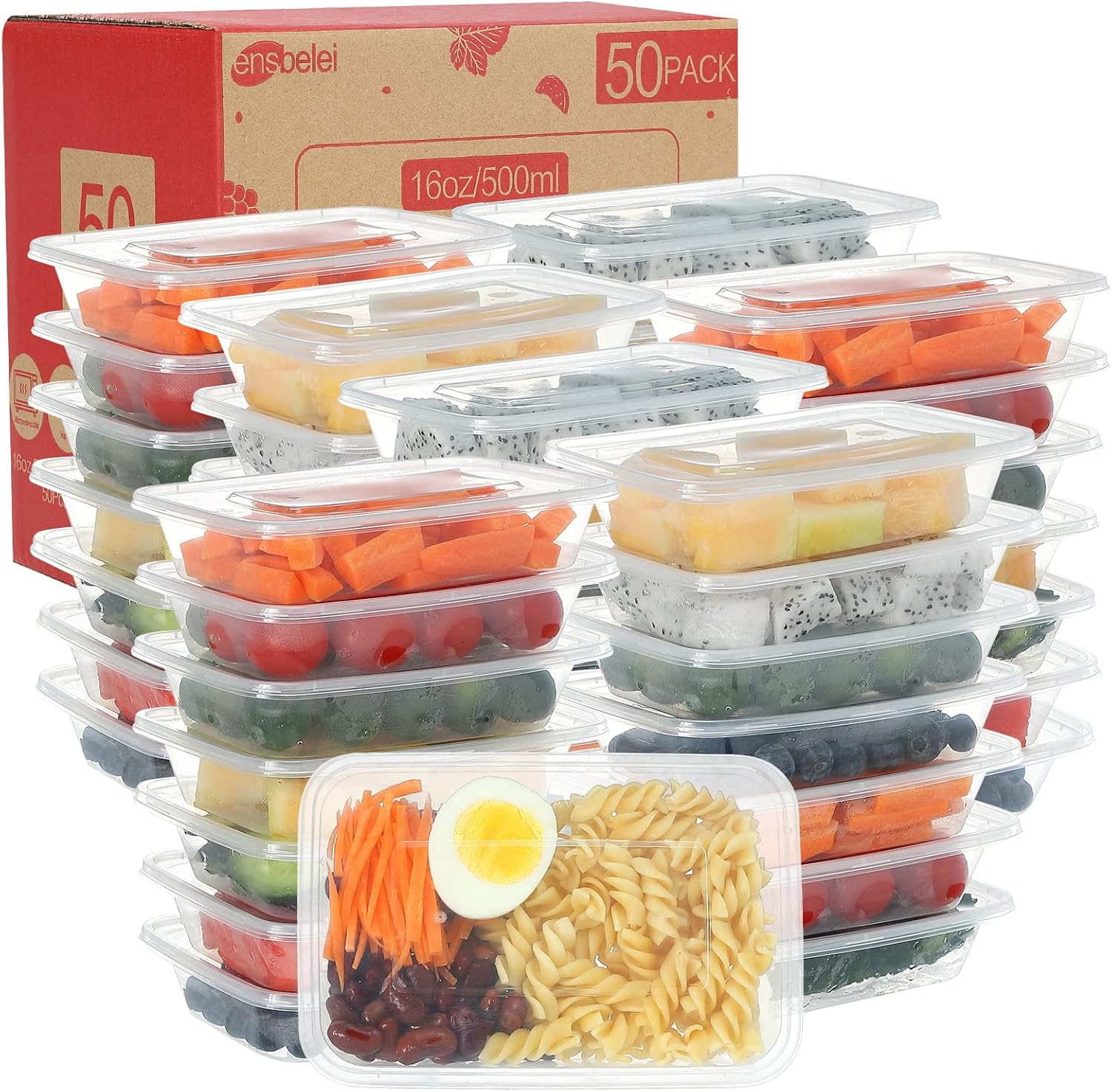 16oz Disposable Food Storage Containers with Airtight Lids, 50Pcs Reusable Deli Meal Prep Containers, Leakproof, Microwaveable, Dishwasher & Freezer Safe