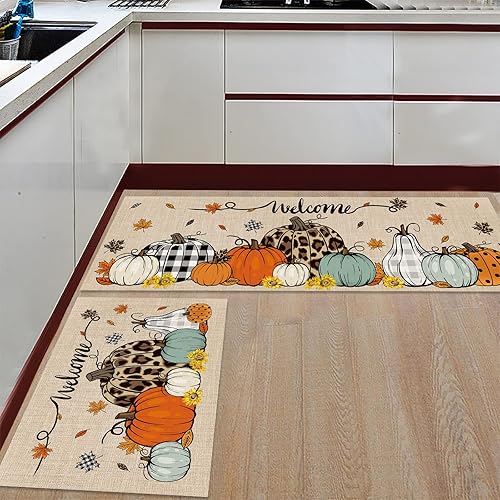 Miniatura 2 de Alfombras y tapetes de cocina de Acción de Gracias, 2 unidades, acuarela, leopardo, cuadros, calabazas, hojas de arce, tapetes de cocina para piso,