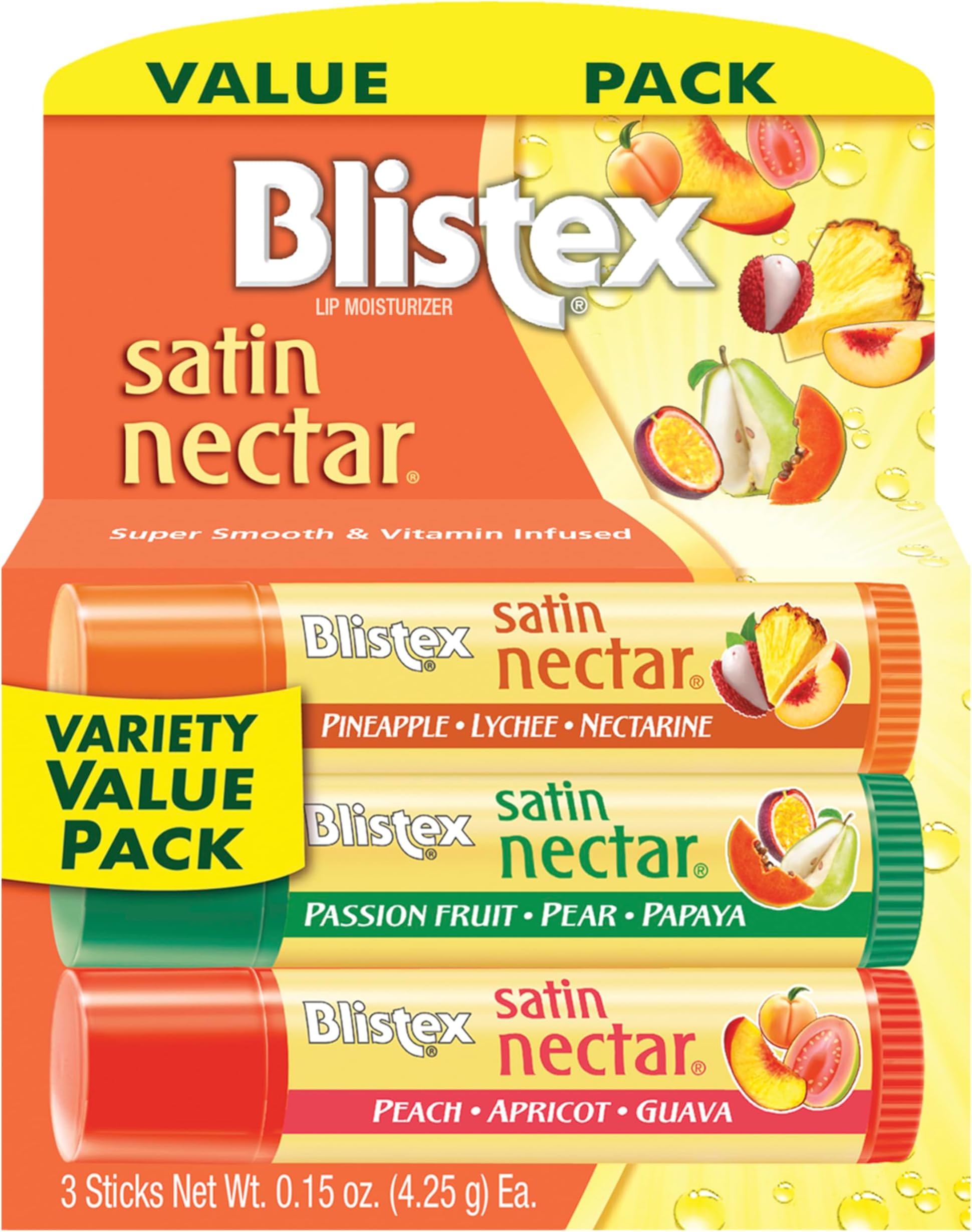 Blistex Satin Nectar Lip Balm, 0.15 oz, 3 Count, Lip Moisturizer Variety Pack, Moisturizes and Comforts Dry Lips, Refreshing Flavor Blend, Easy Glide Formula for Full Coverage, 1 Pack