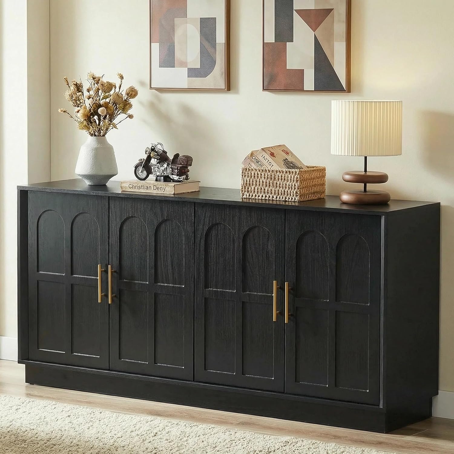 67" Sideboard Buffet Cabinet with Storage, Mid Century Modern Accent Cabinet with Arched Doors,Wood Media TV Console Table Credenza for Living Room Dining Room Hallway Entryway(Black)