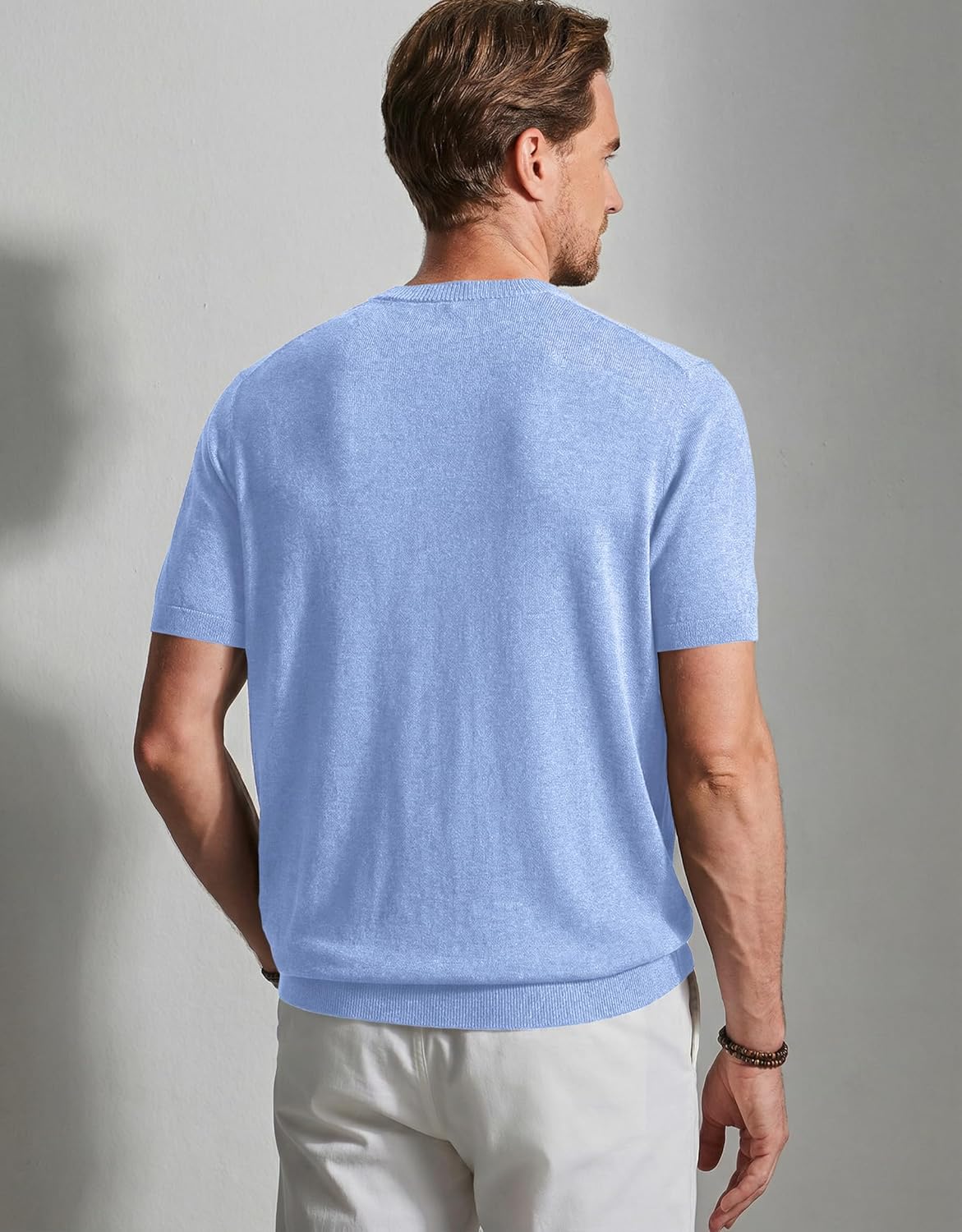 JMIERR Men's Wool Blend Short Sleeve V-Neck Sweater Soft Textured Knit Pullover for Business Casual Wear - Image 3