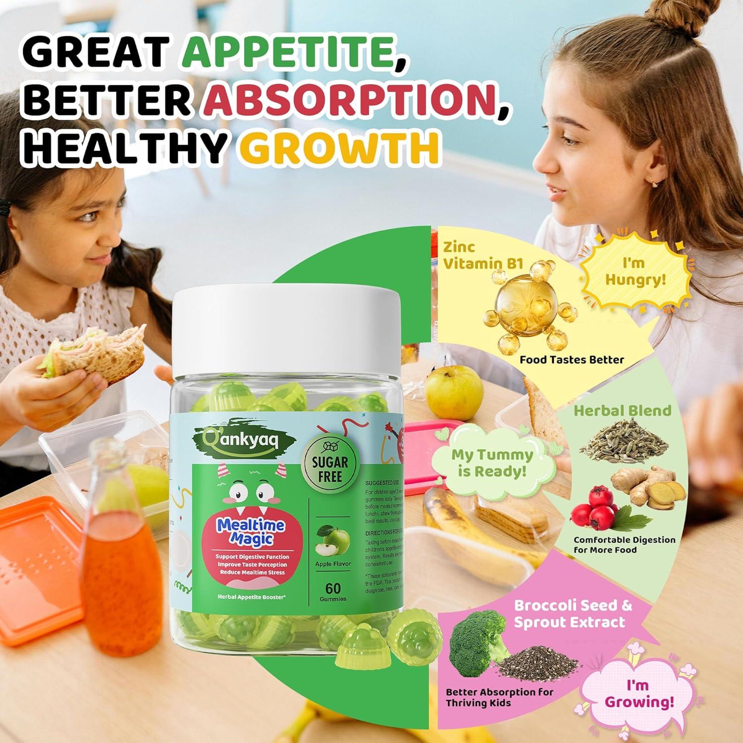 Q'ankyaq Appetite Booster Gummies for Kids Ages 3+, Children & Teens Appetite Stimulant, Weight Gain Supplements, Picky Eater Vitamins, Sugar Free, Vegan, 60 Gummies