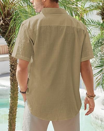 Miniatura 153 de J.VER Camisas de manga corta de lino y algodón para hombre, estilo informal, ligeras, con botones, para vacaciones, playa y verano, con bolsillo