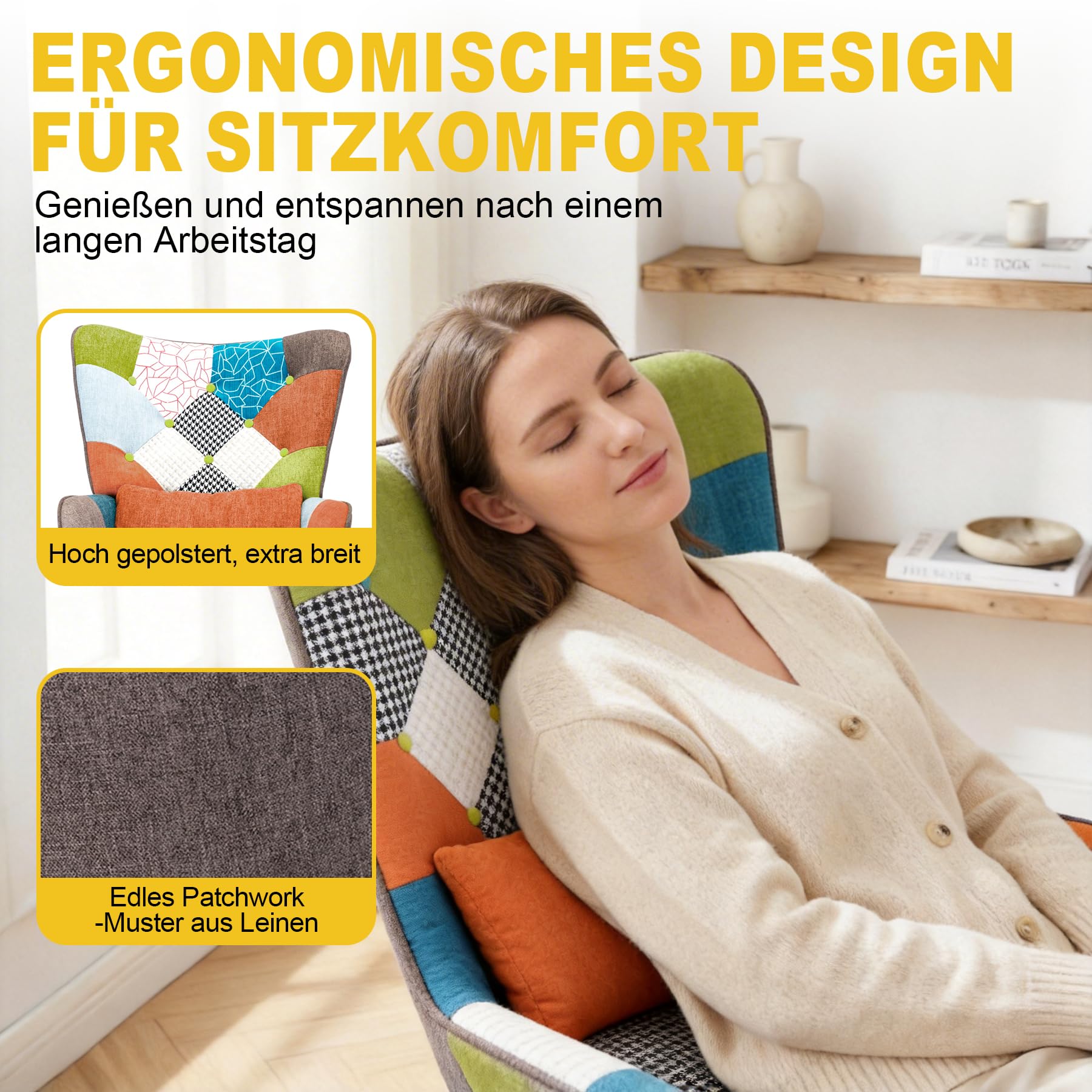 Relaxsessel mit Hocker&Lendenkissen, Patchwork Ohrensessel Orange, Leinen Loungesessel Massivholzfüße, Moderner Sessel für Wohnzimmer Schlafzimmer, Frühjahrsangebot Frühjahrsdekoration
