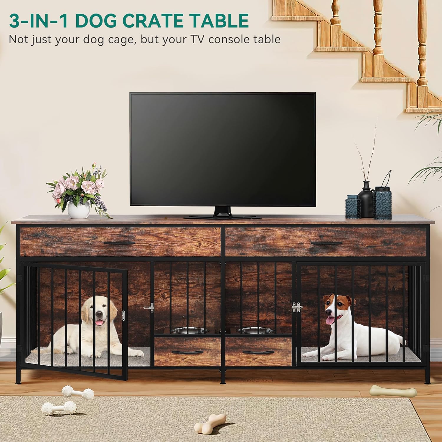 YITAHOME 74.8" Double Dog Crate Furniture with Dog Feeder, Heavy Duty Indoor Dog Kennel TV Stand with Drawers, Sturdy Dog Kennel with Divider for 2 Medium Large Dogs, Brown