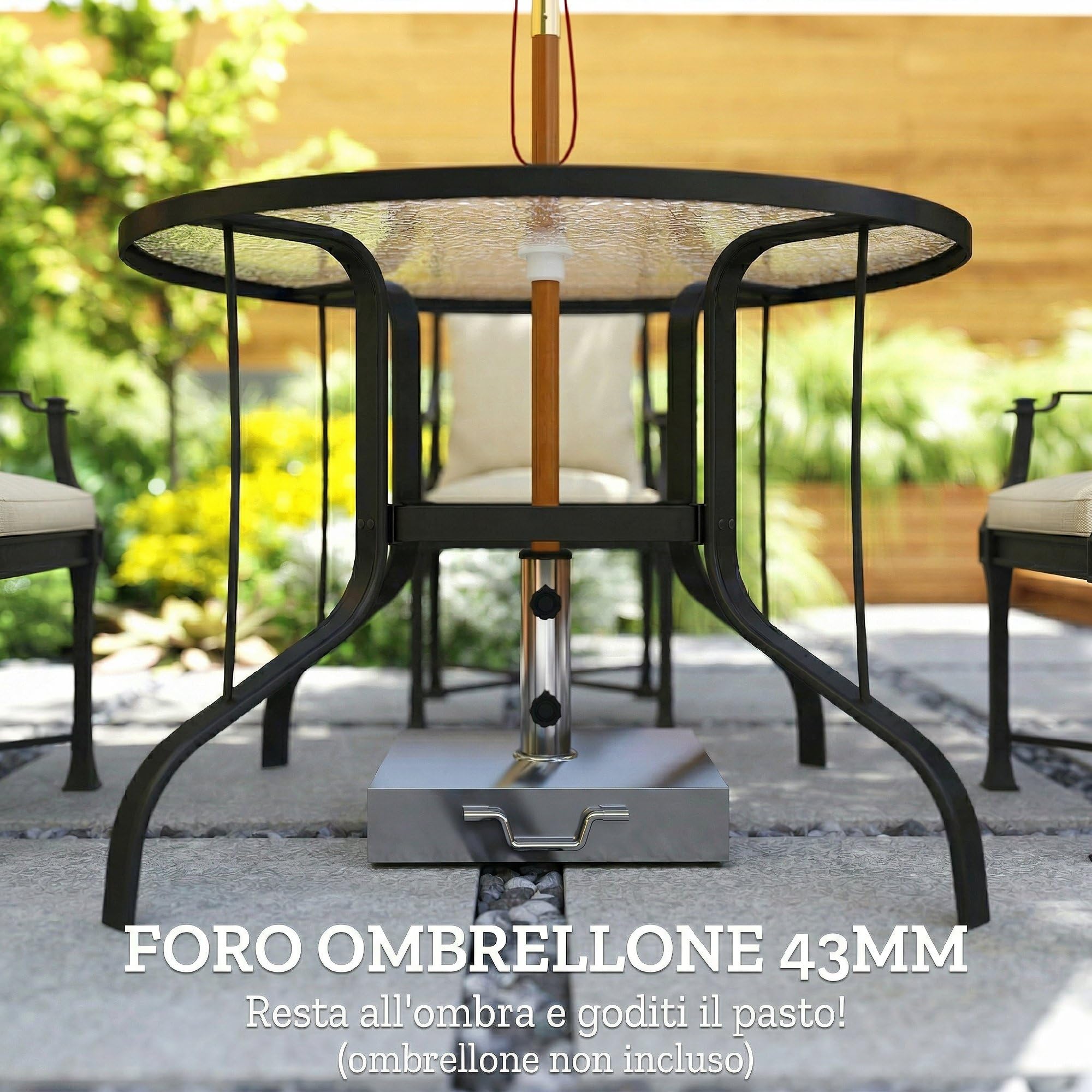 Outsunny Tavolo da Giardino Rotondo per 4 Persone Max Ø96.5x71 cm Nero | Con Foro per Ombrellone, Tavolo da Esterno, Metallo e Vetro Temperato