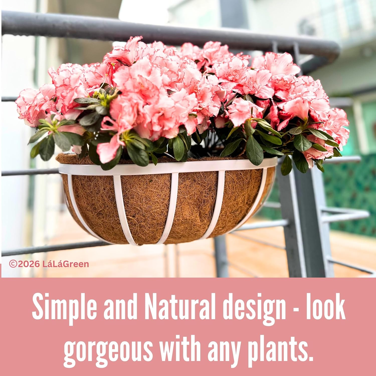 LaLaGreen Deck Railing Planters (2 Pack, 16 Inch) White Metal Rectangular Window Flower Box with Coco Liner, Wall Hanging Planter for Outdoor Plants Deck Rail Fence Balcony Patio Porch Garden Decor