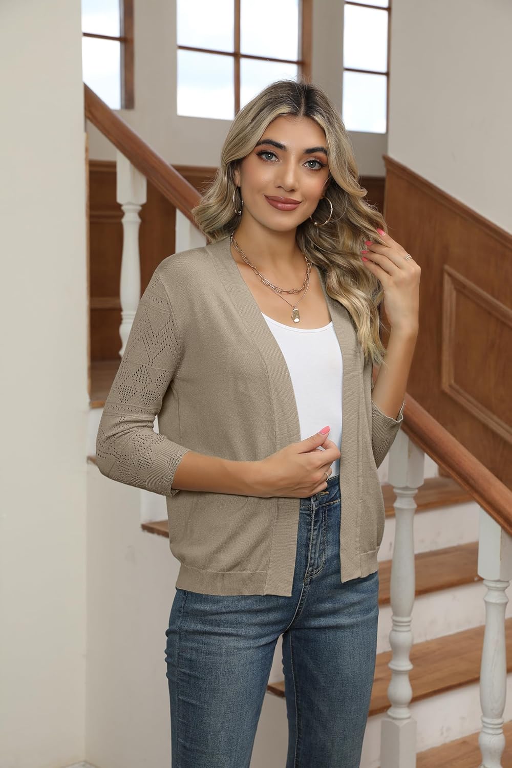 Bettysays Women's Cropped Cardigans Shrugs for Dresses 3/4 Sleeve Lightweight Hollow Out Crochet Knit Sweater Tops - Image 3