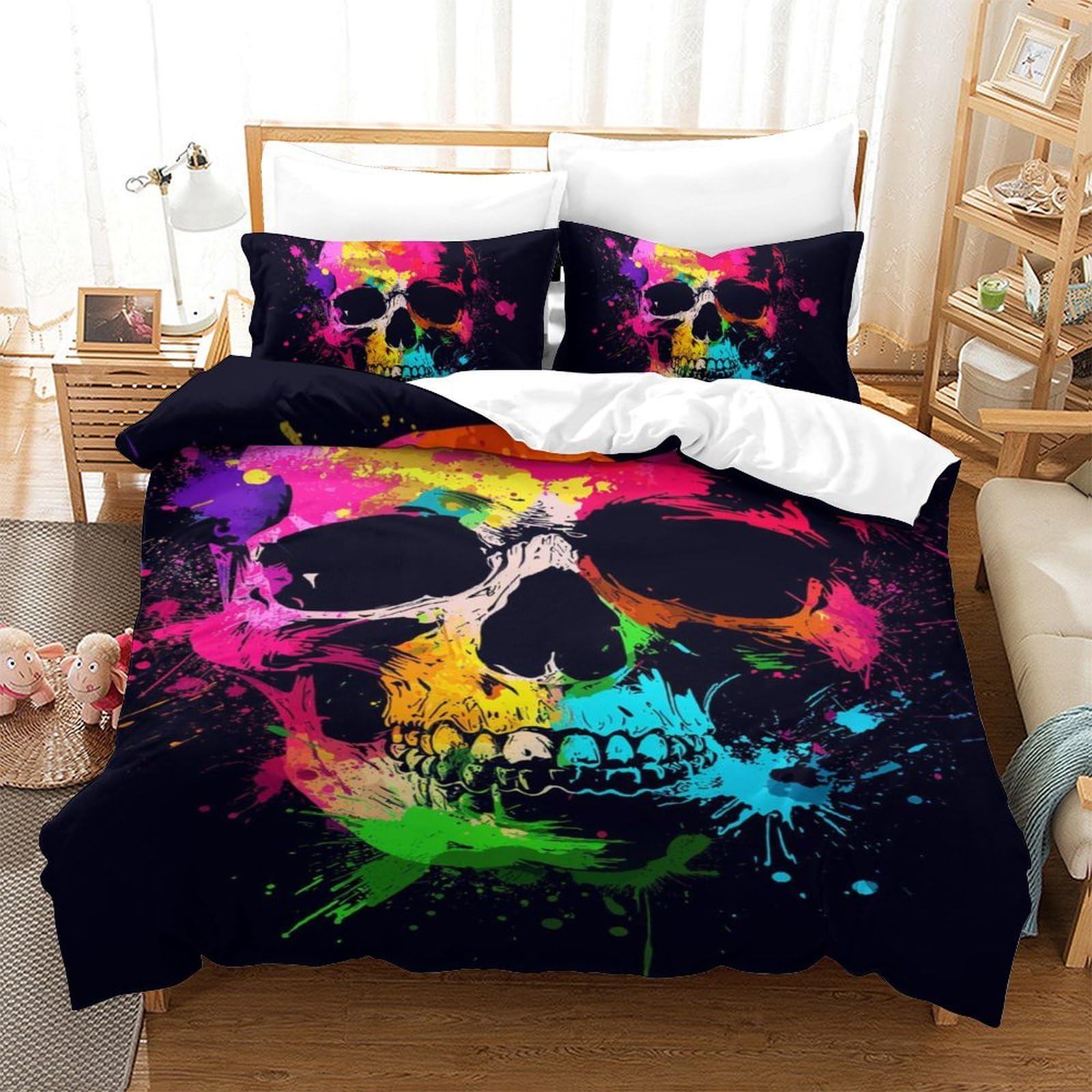 Housse de couette crâne microfibre 3D 140x200 cm avec taies