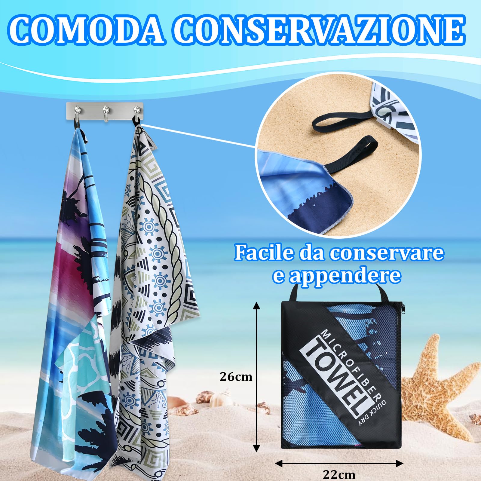 Telo Mare Microfibra - 180 * 100 cm Telo Da Mare Grande con Borsa, Asciugatura Rapida & Antisabbia, Teli Mare Compatto e Leggero, Per La Spiaggia, I Viaggi, Piscina