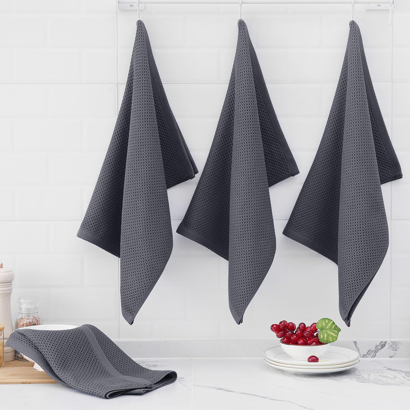 Homaxy Lot de 8 torchons de cuisine surdimensionnés 100 % coton gaufré, ultra doux, absorbants, séchage rapide, torchon de nettoyage de 50,8 x 71,1 cm, gris foncé
