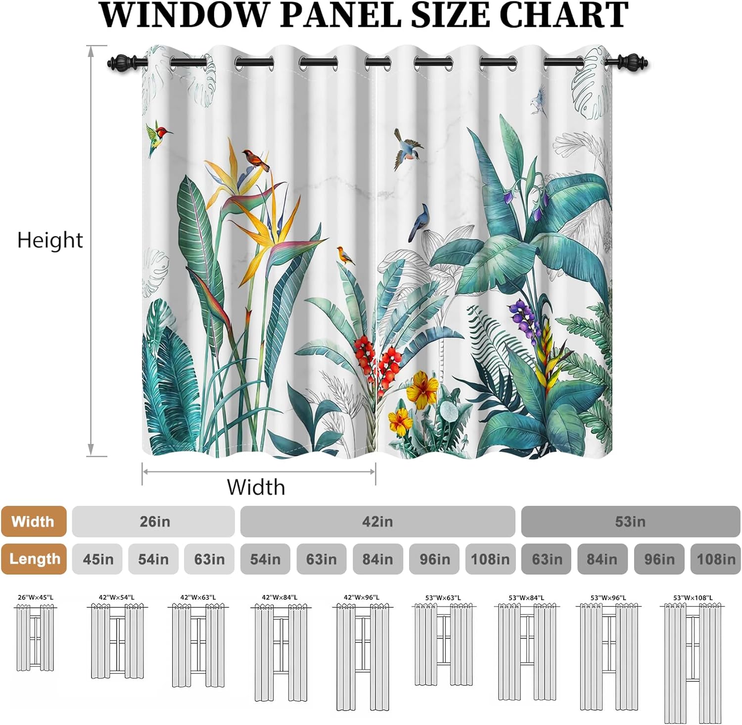 AOFOTO Tropical Birds and Plants Bedroom Blackout Curtains, Paradise Garden Botanical Exotic Floral Hummingbirds Print Home Decor Window Treatment Set Thermal Insulated Drapes 53x84 Inches, 2 Panels