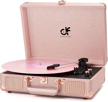 Vinyl Record Player 3-Speed Portable Suitcase Record Player with Built-in Speakers, 3.5mm Headphone Jack, RCA-Out/Aux in, Vintage Belt-Driven Turntable,Pink Rose Gold