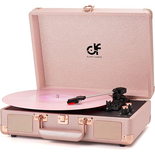 Vinyl Record Player 3-Speed Portable Suitcase Record Player with Built-in Speakers, Headphone Jack, RCA-Out/AUX-in, Vintage Belt-Driven Turntable, Pink & Rose Gold