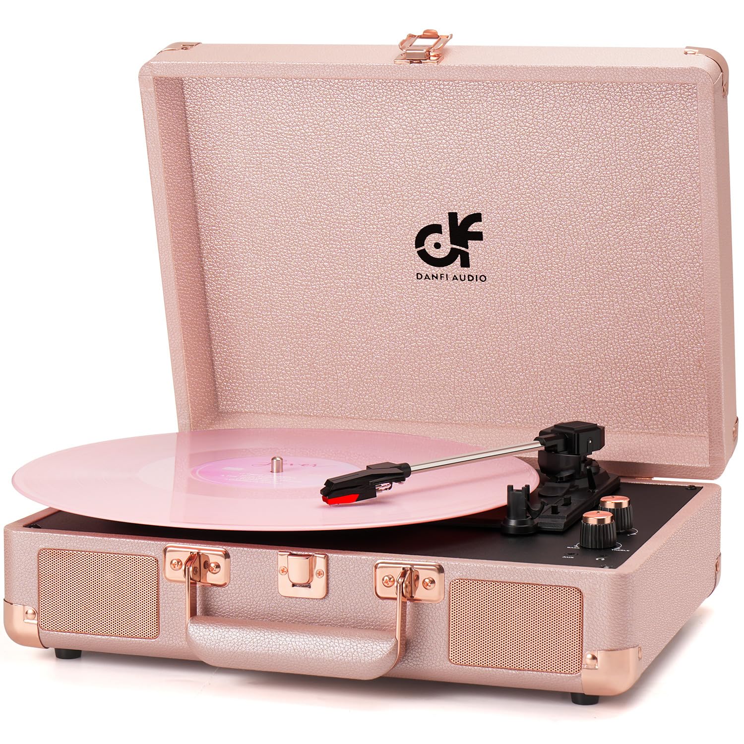 Vinyl Record Player 3-Speed Portable Suitcase Record Player with Built-in Speakers, Headphone Jack, RCA-Out/AUX-in, Vintage Belt-Driven Turntable, Pink & Rose Gold