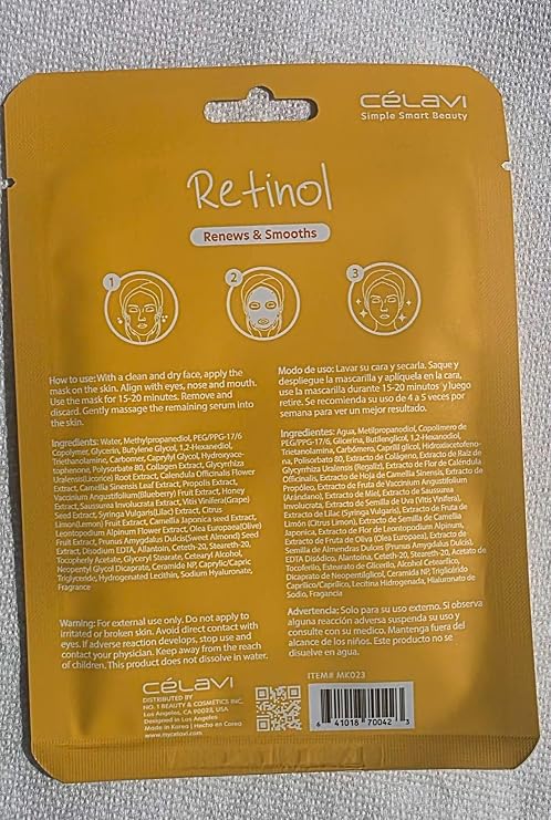 Celavi Retinol Essence Facial Sheet Mask, Renews and Smooths, Paraben Free, Sulfate Free, for Hydration and Skin Renewal, 1 Sheet