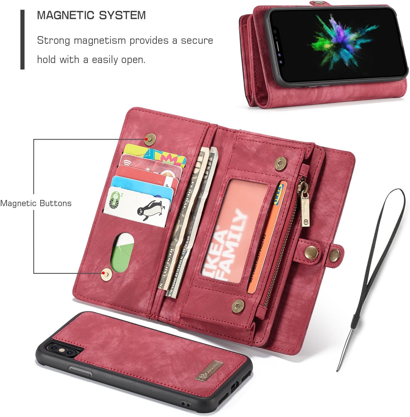 KONKY iPhone X/iPhone Xs Case Wallet, Caseme Wallet Case, Magnetic Detachable Removable Phone Cover Pouch Folio Durable Leather Purse Flip Card Pockets Holder Bag with Smooth Zipper - Red