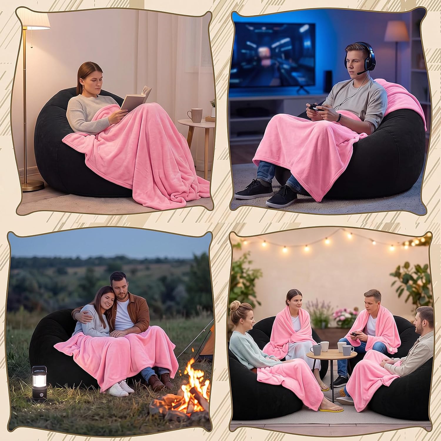 6 Pcs Inflatable Chairs for Movie Night with Blankets, Black