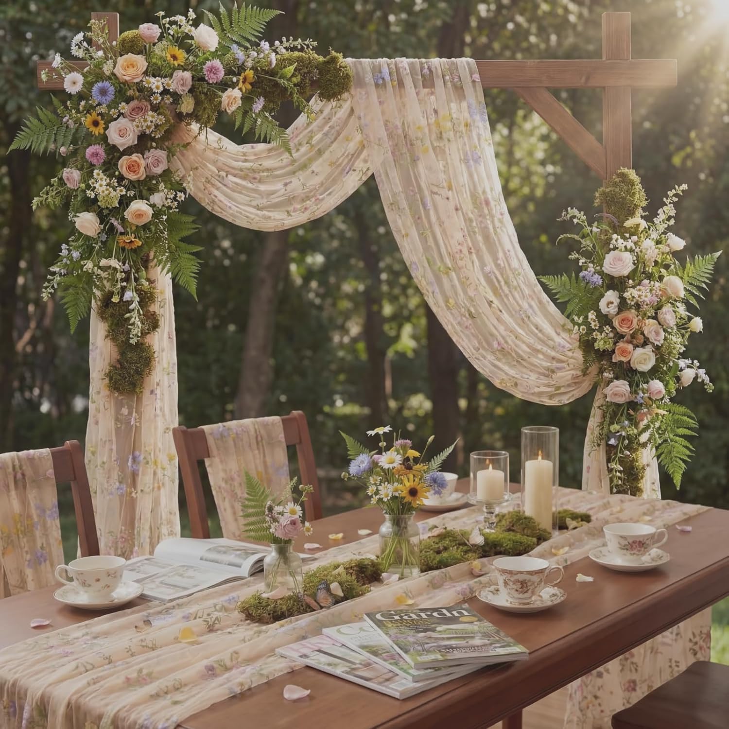 Champagne Floral Table Runner 10ft Embroidery Tulle Spring Wildflower Table Runner Seasonal Summer Butterfly Kitchen Dining Gauze Decoration for Wedding Baby Shower Birthday Party (3 Pcs)