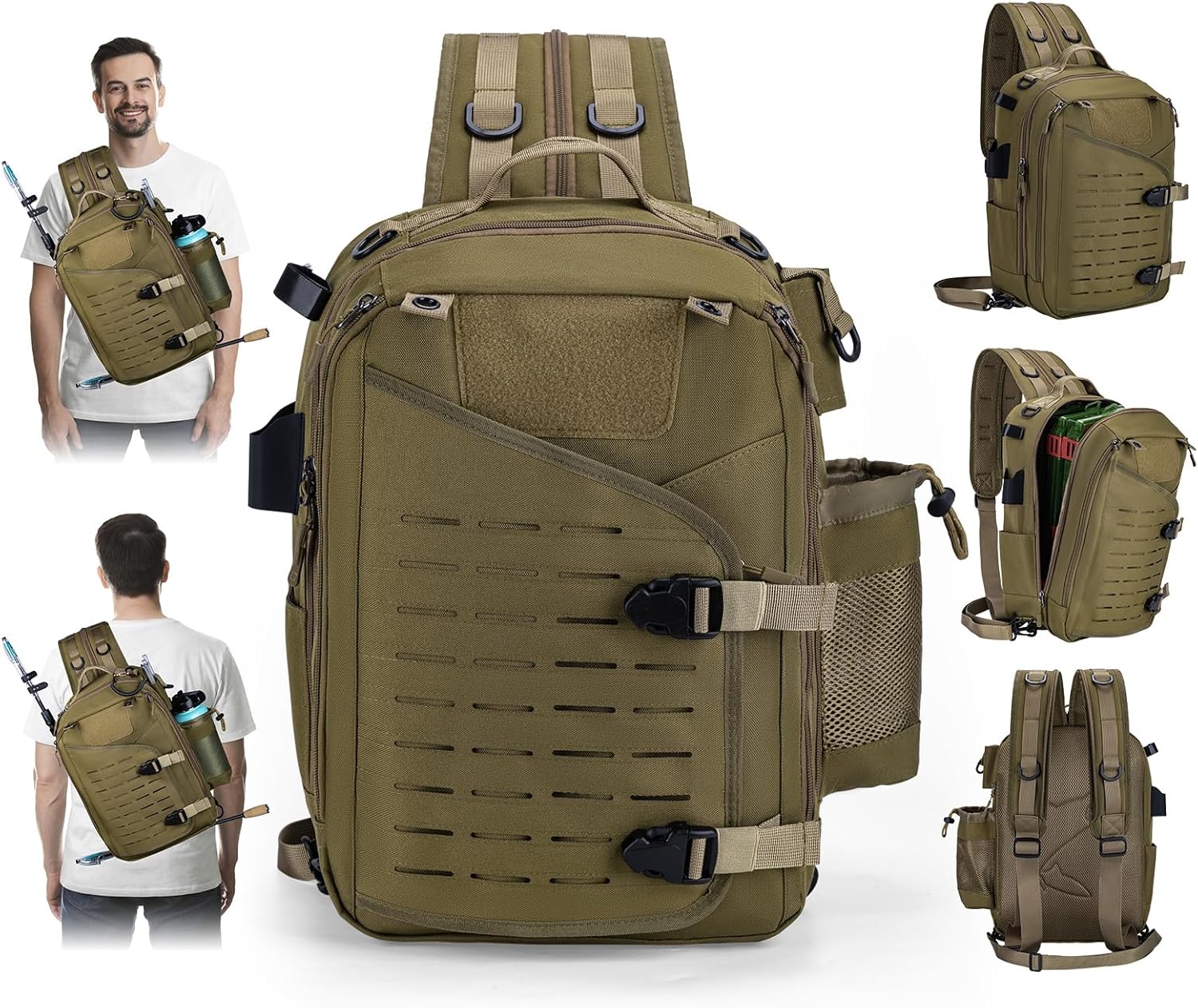 Goture Khaki Tackle Bag with Trays Rod Holder 900D Durable Fishing Tackle Storage Bag for Kayak, Shore Fishing