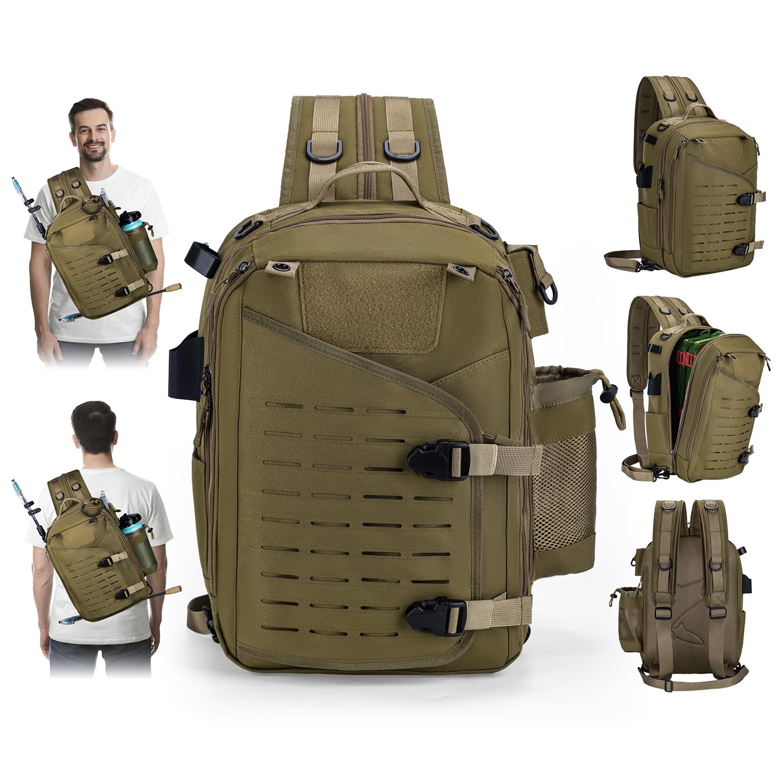 Goture Sling Tackle Bag - Borsa a tracolla da pesca, con porta canna da pesca, sistema MOLLE, spazio per esche artificiali e accessori, Cachi con 3 scatole per esche, Tracolla