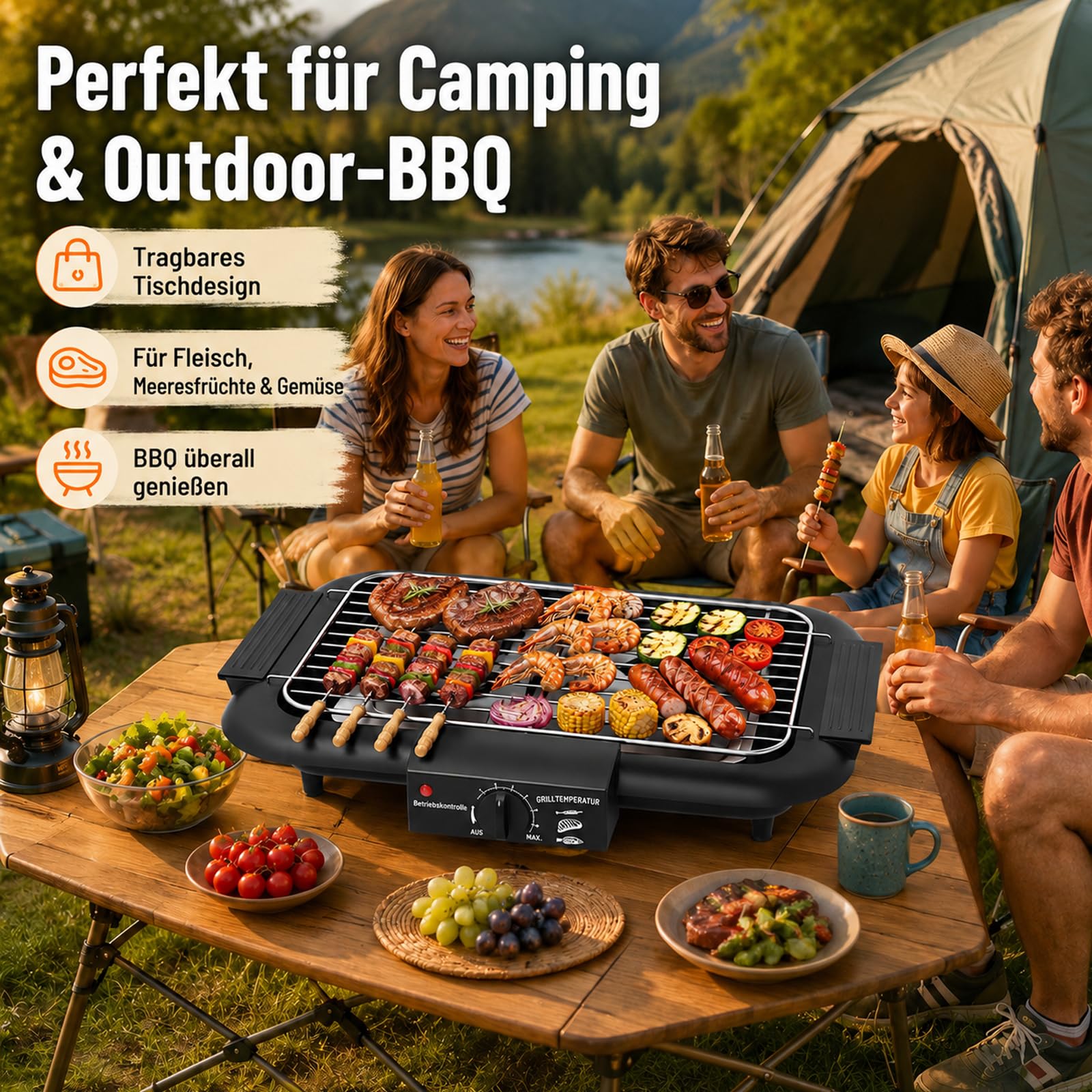 Barbacoa eléctrica de mesa, barbacoa eléctrica con superficie de parrilla de 48 x 34 cm, 2000 W, 6 ajustes de temperatura, parrilla de pie con rejilla extraíble de acero inoxidable y bandeja colectora