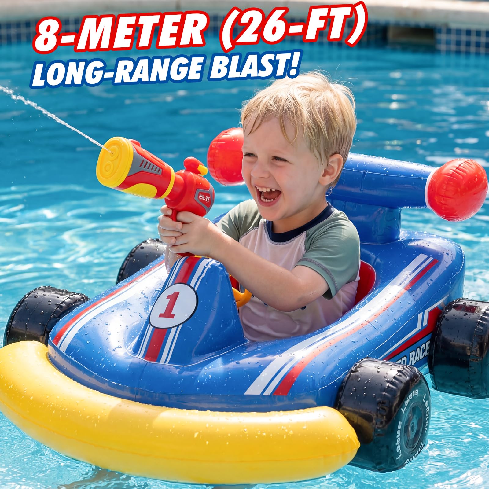 Lehoo Castle Gommone Gonfiabile con Pistola ad Acqua e Volante Sonoro, Ausilio di Galleggiamento Go-kart per Bambini dai 3 ai 6 Anni, Seggiolino da Piscina Sicuro per Giochi Acquatici Estivi