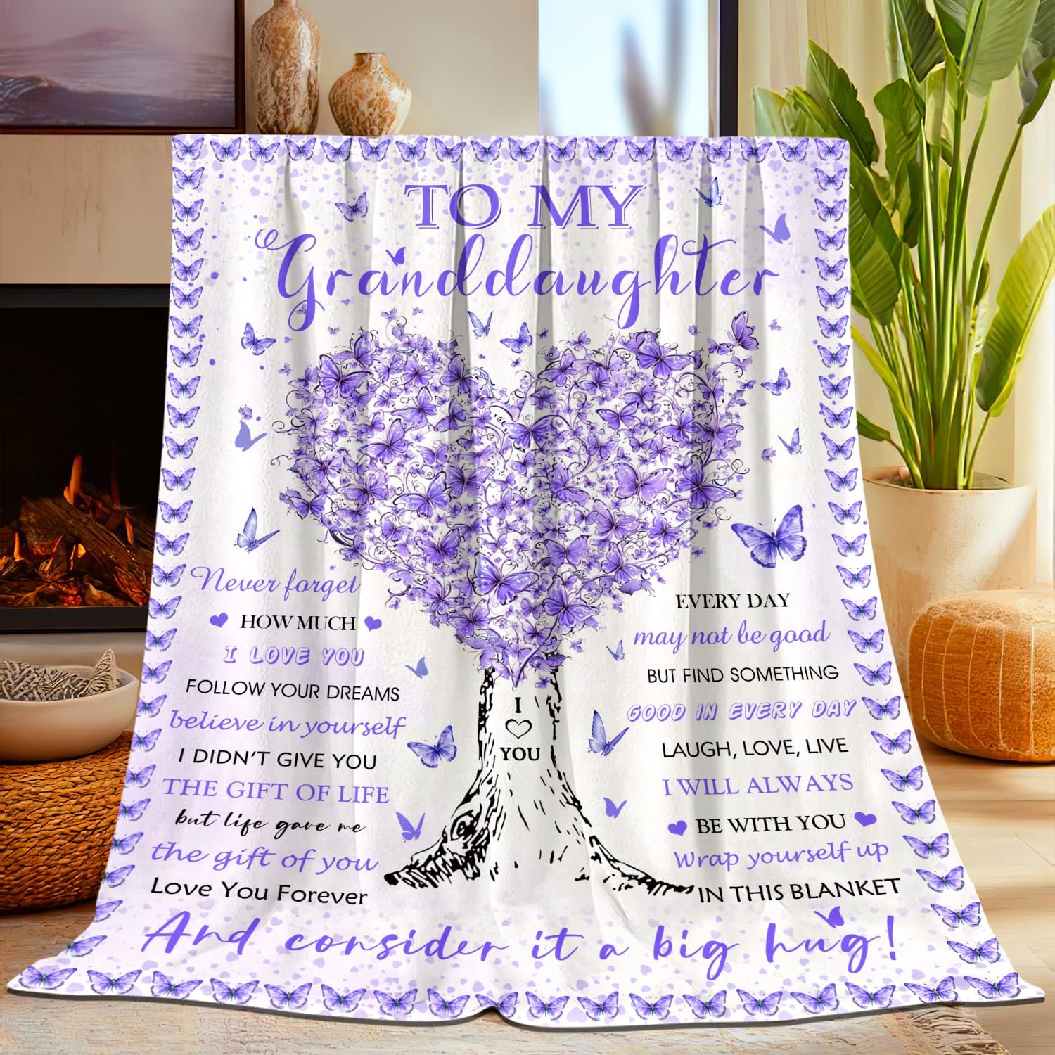 Granddaughter Blanket, Granddaughter Gifts from Grandma, Super Soft Unique Funny Cute Purple Butterfly Blanket for Granddaughters Girls Kids, Little Girl Gifts, Warm Cozy Plush Flannel Blanket 80"x60"