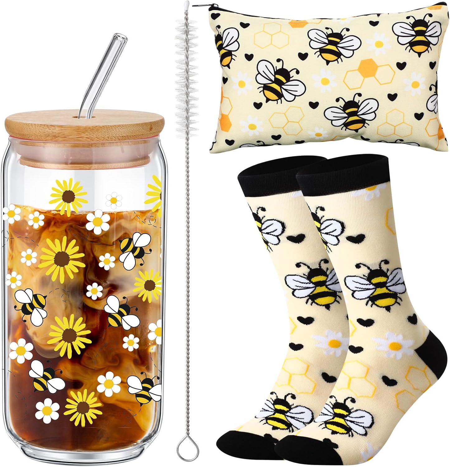 Suhine 3 Pieces Bee Themed Gift Sets for Women Christmas Bee Lovers Gifts with 16 oz Cute Glass Tumbler with Lid and Straw, Canvas Makeup Bag and Socks for Women