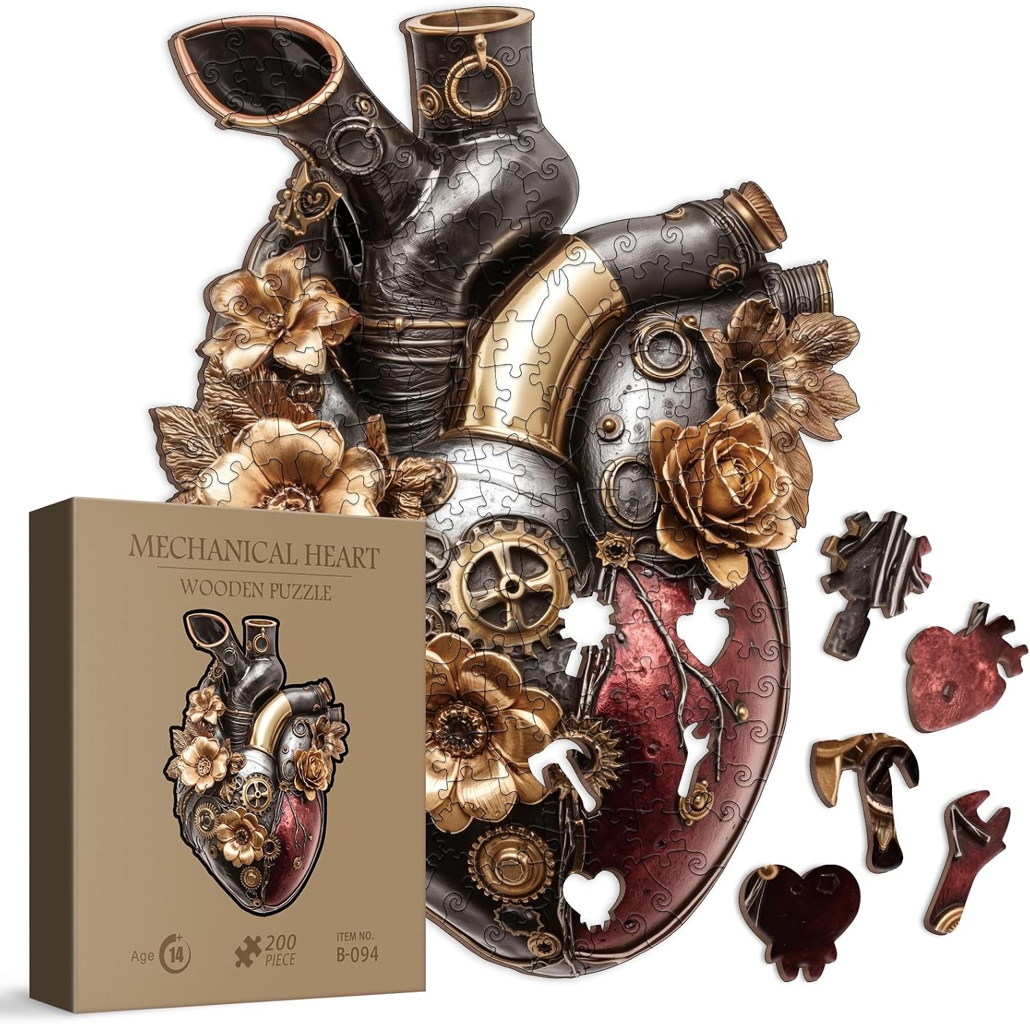 Fantasy Flower Heart Wooden Puzzle for Adults 200 Pieces, Mechanical Heart Wood Puzzle for Adults, Unique Shape Puzzle 200 Pieces