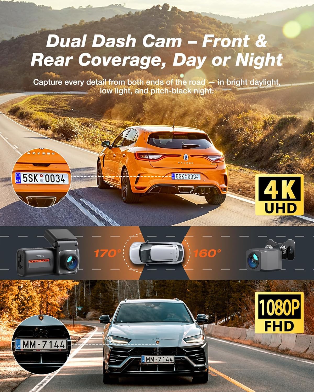 iZEEKER 4K Dash Cam Front and Rear, WiFi 6 Dashcam with FREE 32GB Card, 4K+1080P Dual Dash Camera, 2.99" IPS Display, APP, Night Vision, WDR, G-Sensor, Loop Recording, 24H Parking Mode, Voice Prompt — view 3