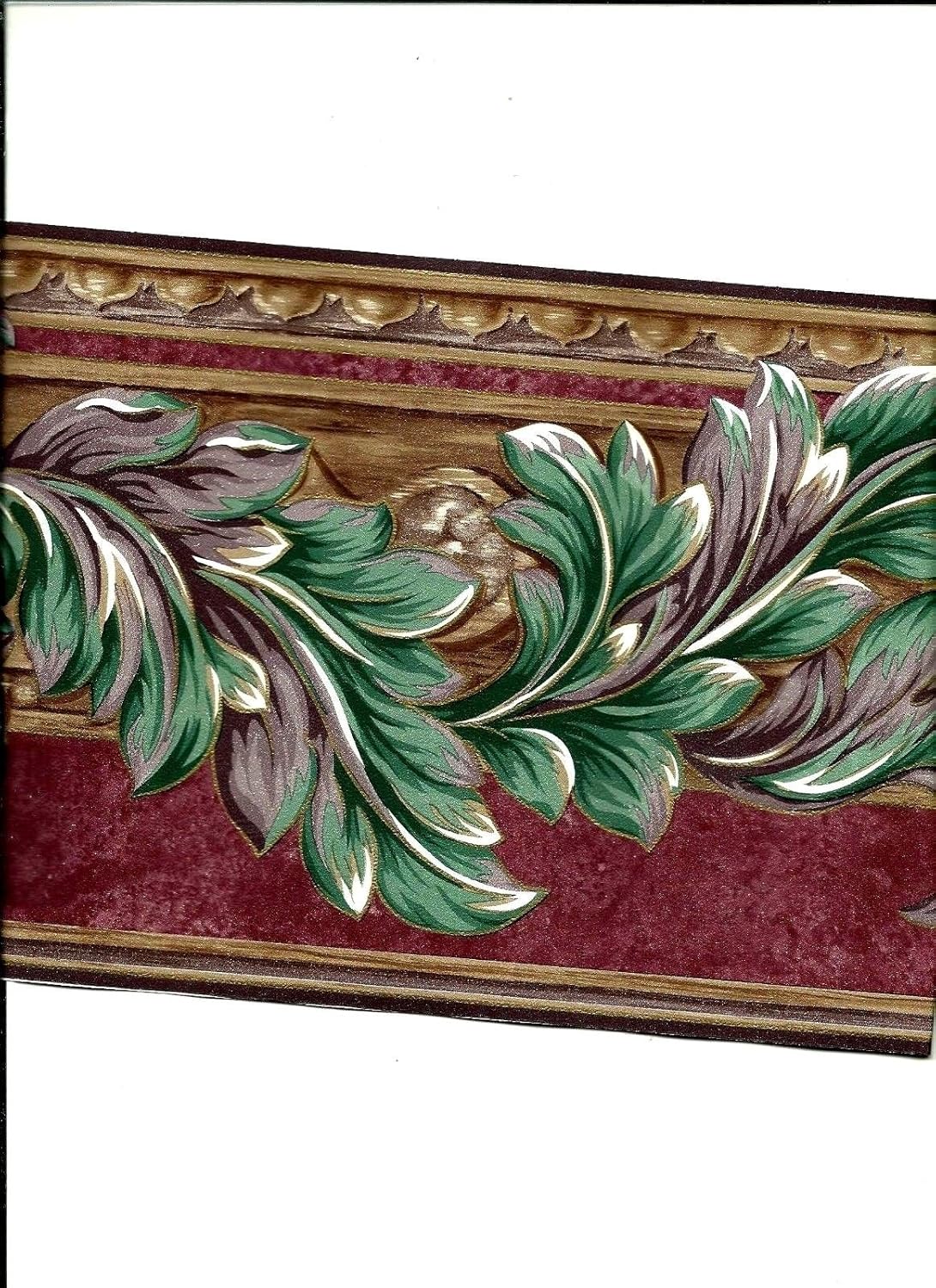 138219 Scroll Leaf in Shades of Teal and Plum Wallpaper Border, Pink