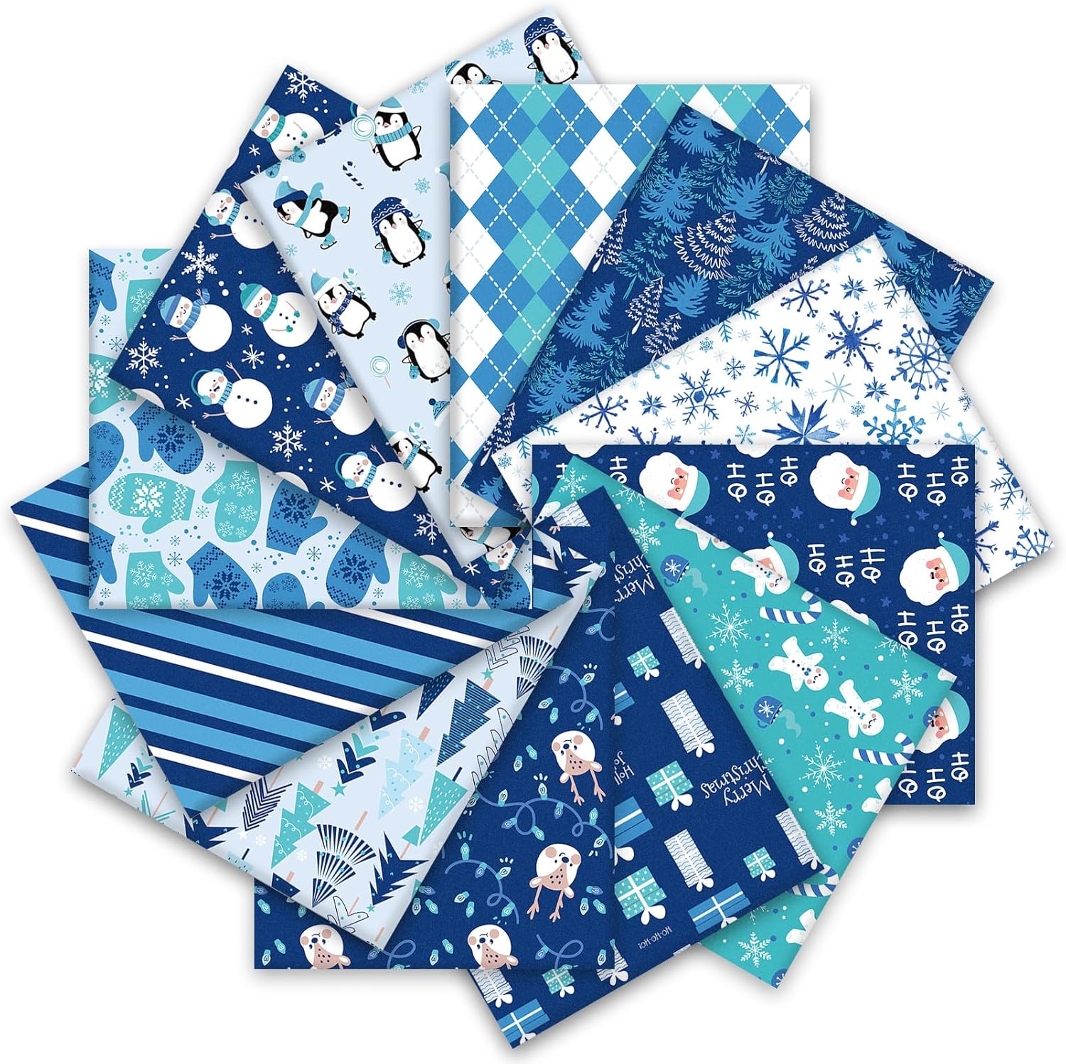 JarThenaAMCS 12Pcs Winter Cotton Fabric Bundles 18 x 22 Inch Blue White Snowflake Snowman Santa Penguin Fat Quarters Winter Sewing Fabrics for Xmas DIY Craft Party Decor